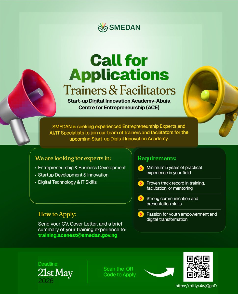 SMEDANGov's tweet photo. We are looking for the right people to help shape the next generation of Nigerian entrepreneurs.

If you are an experienced trainer, facilitator, or subject matter expert in entrepreneurship, digital technology, or startup development, we want you on our team for the Start-up Digital Innovation Academy.

This is an opportunity to directly impact thousands of young Nigerians and small business owners while contributing to something much bigger than a single training session.

If this sounds like you, send your CV, cover letter, and a brief summary of your training experience to training.acenest@smedan.gov.ng before the 21st of May, 2026.

Full details are on the flyer. 

#GROWNigerian
#HereForProsperity
#SMEDAN