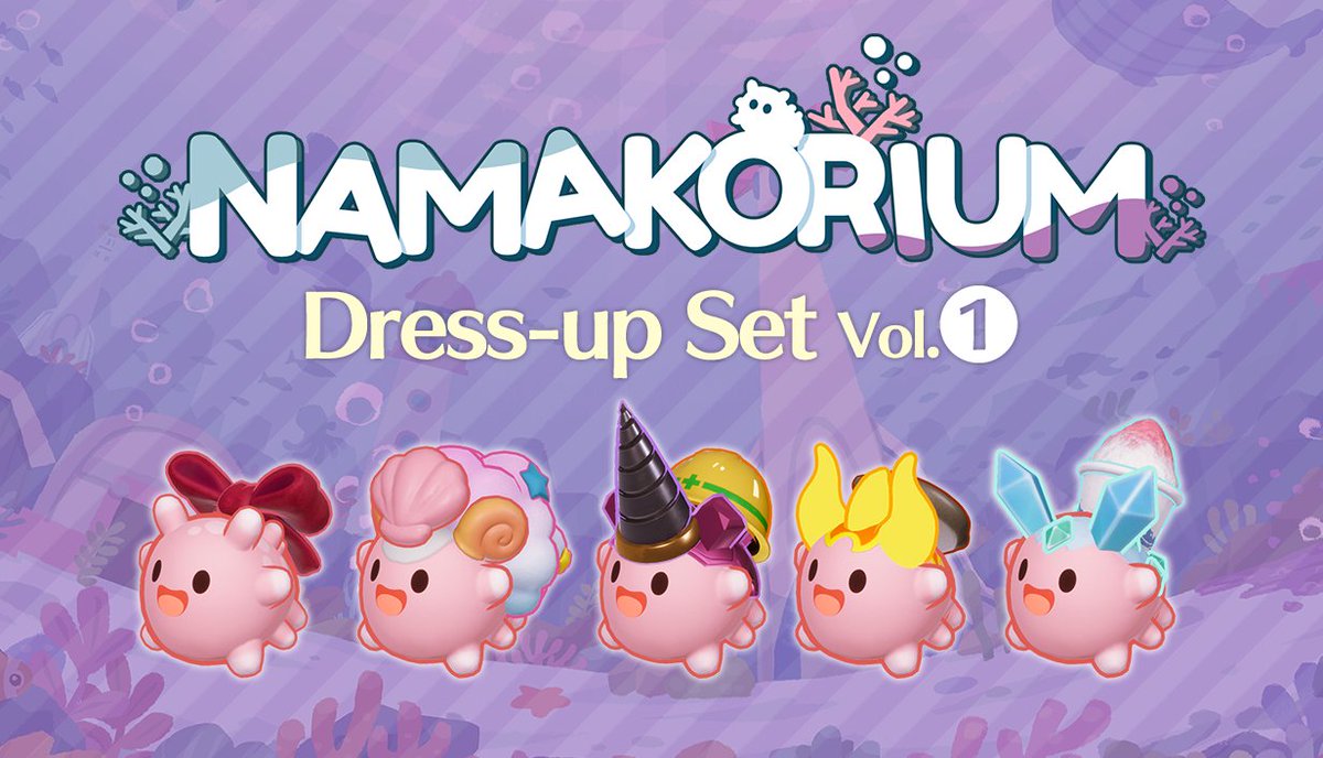 namakorium_jp's tweet photo. 🌟着せ替えDLC Vol.1🌟
ナマコたちの着せ替えを5種類収録しています！
価格：500円(予定)

【通常】：リボン
【貝】：ひつじ
【鉄】：ドリル
【炎】：目玉焼き
【氷】：かき氷

DLCのSteamページはこちら⬇️
https://t.co/SEI2kw7CTs

#ナマコリウム