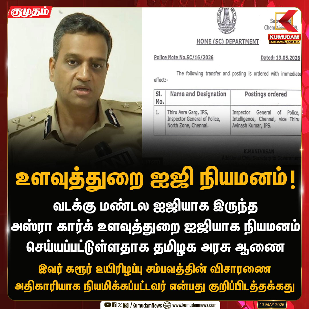 kumudamNews24x7's tweet photo. அஸ்ரா கார்க் உளவுத்துறை ஐஜியாக நியமனம்!
#AsraGarg #PoliceTransfer #IntelligenceIG #TamilNadu #Kumudanews24x7 https://t.co/kN2vaurqhz https://t.co/TcvlYKUiv9