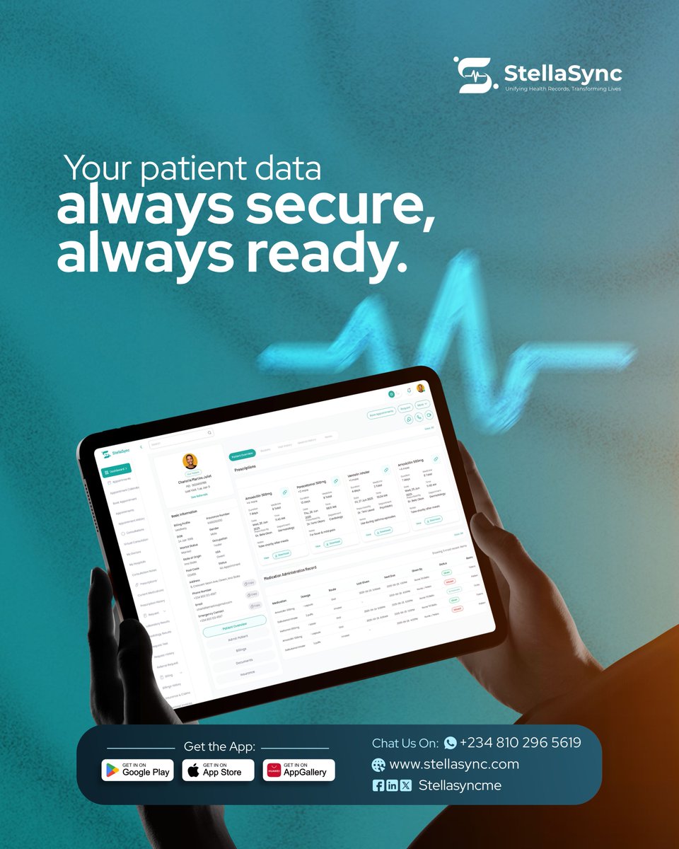 stellasyncme's tweet photo. Your patient data is always secure and ready when you need it.

Reliable access, better decisions, and smoother healthcare delivery with StellaSync.

#StellaSync #StellaSyncEMR #EMR #PatientCare #Healthcare #HealthTech #HealthcareTech #DataSecurity https://t.co/p2qywJTgQa