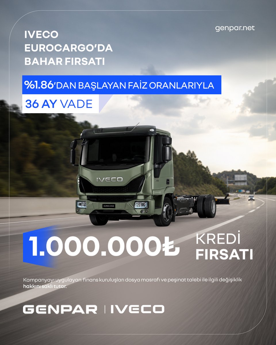 ivecogenpar's tweet photo. Her mevsim kazandıran performans.
IVECO Eurocargo ile taşımacılıkta fark yaratın.

1.000.000₺ kredi fırsatı
 %1,86’dan başlayan faiz oranı
 36 ay vade

İşiniz için doğru yatırım zamanı.

#IVECO #Genpar #Eurocargo #BaharFırsatı #Lojistik https://t.co/PpCltuzGsN