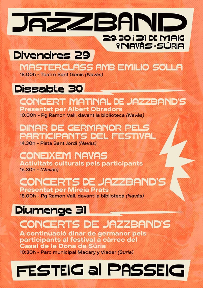 MusicaSuria's tweet photo. Festival Festeig al Passeig Jazz Band (Navàs-Súria). 
Dies 29, 30 i 31 de maig.
https://t.co/IRPikjPbhx https://t.co/rNny1vZIjt