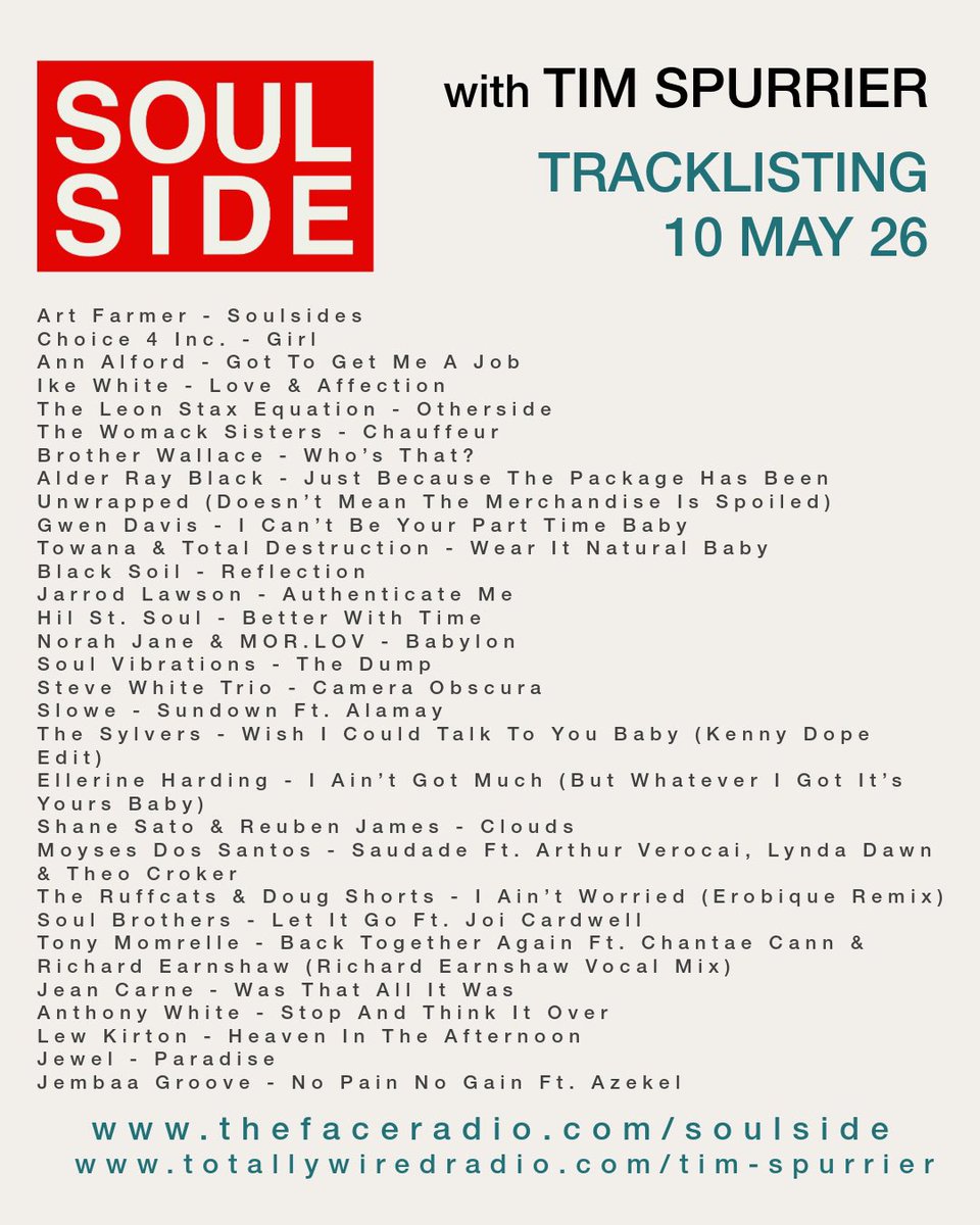 TimSpurrier's tweet photo. New Soulside now live.

Deep soul vibrations this week with fresh releases, groove-heavy cuts and timeless classics flowing together with ease.

Listen here
https://t.co/b4LJFmLhwS
https://t.co/PwnNLccEs1

Step onto the Soulside. https://t.co/RW68sphkGX