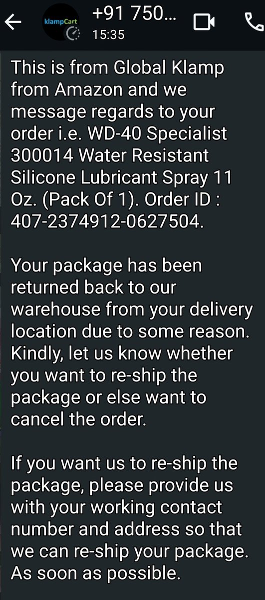 Samrat13's tweet photo. @AmazonHelp Order ID 407-2374912-0627504
Seller sends a DM via Amazon msg &amp; Whatsapp bt @amazonIN has NO option to talk/chat to a human to get my prepaid order on time
@AmazonHelp says no sharing of details with sellers &amp; yet how to manage this situation? 
407-2374912-0627504 https://t.co/f4hcutLZL2