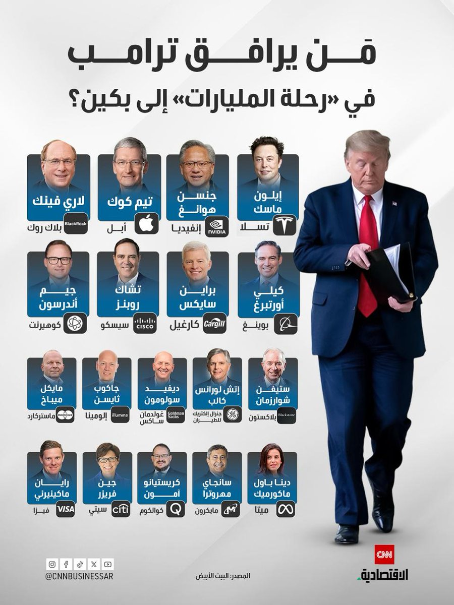 CNNBusinessAr's tweet photo. من إيلون ماسك إلى تيم كوك.. "رحلة المليارات" تجمع كبار قادة التكنولوجيا والمال في وفد ترامب المتجه إلى بكين https://t.co/ooOb2KBTQg