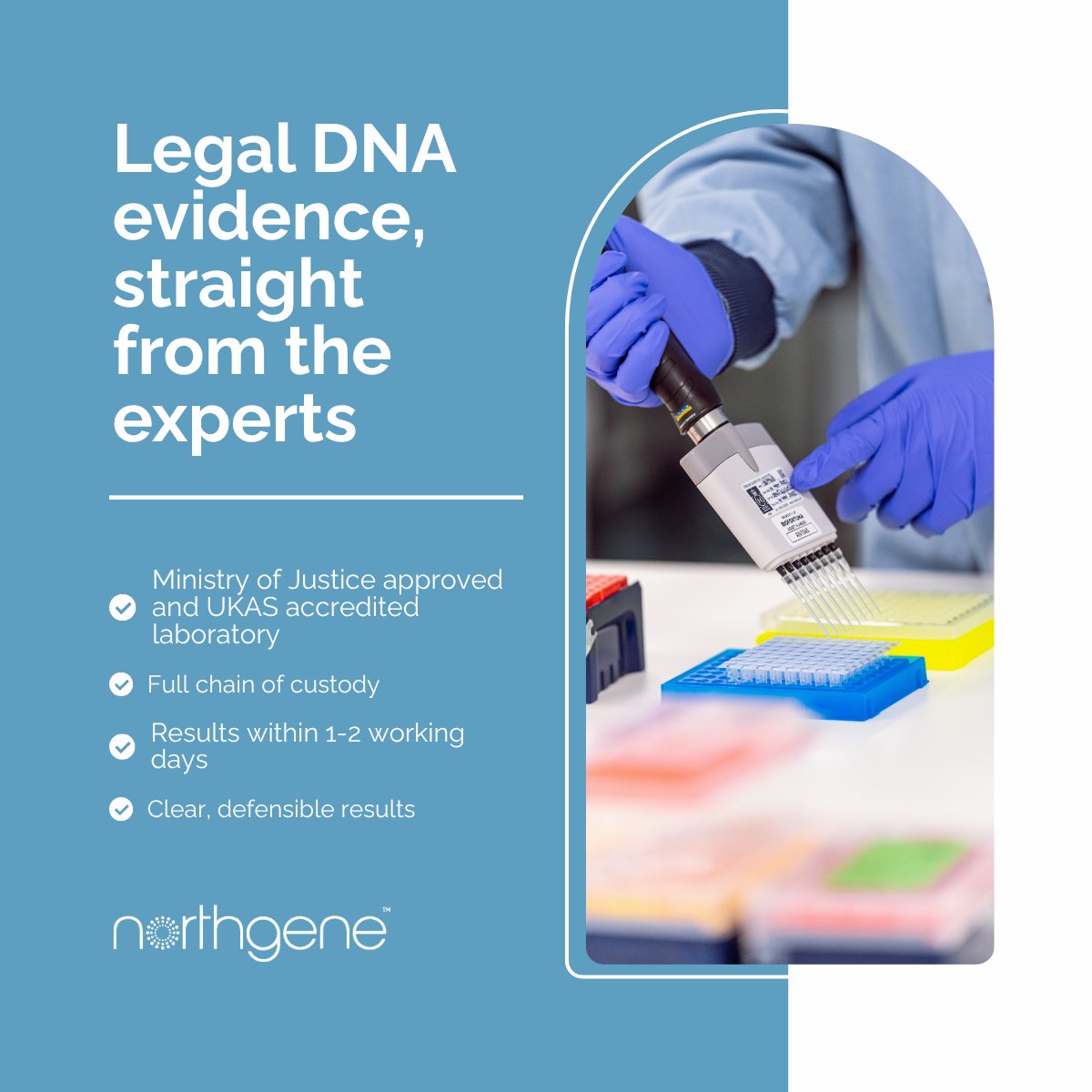 NorthGene's tweet photo. Transparency in legal DNA testing is key🧬We test your samples at our UK Ministry of Justice approved &amp; UKAS accredited lab to ensure full control &amp; confidence in results.

🔬 Because knowing where your evidence is handled is crucial.

📲 https://t.co/hLXx0St0Kn

#Legal #DNAtest https://t.co/fYPviNsGuf