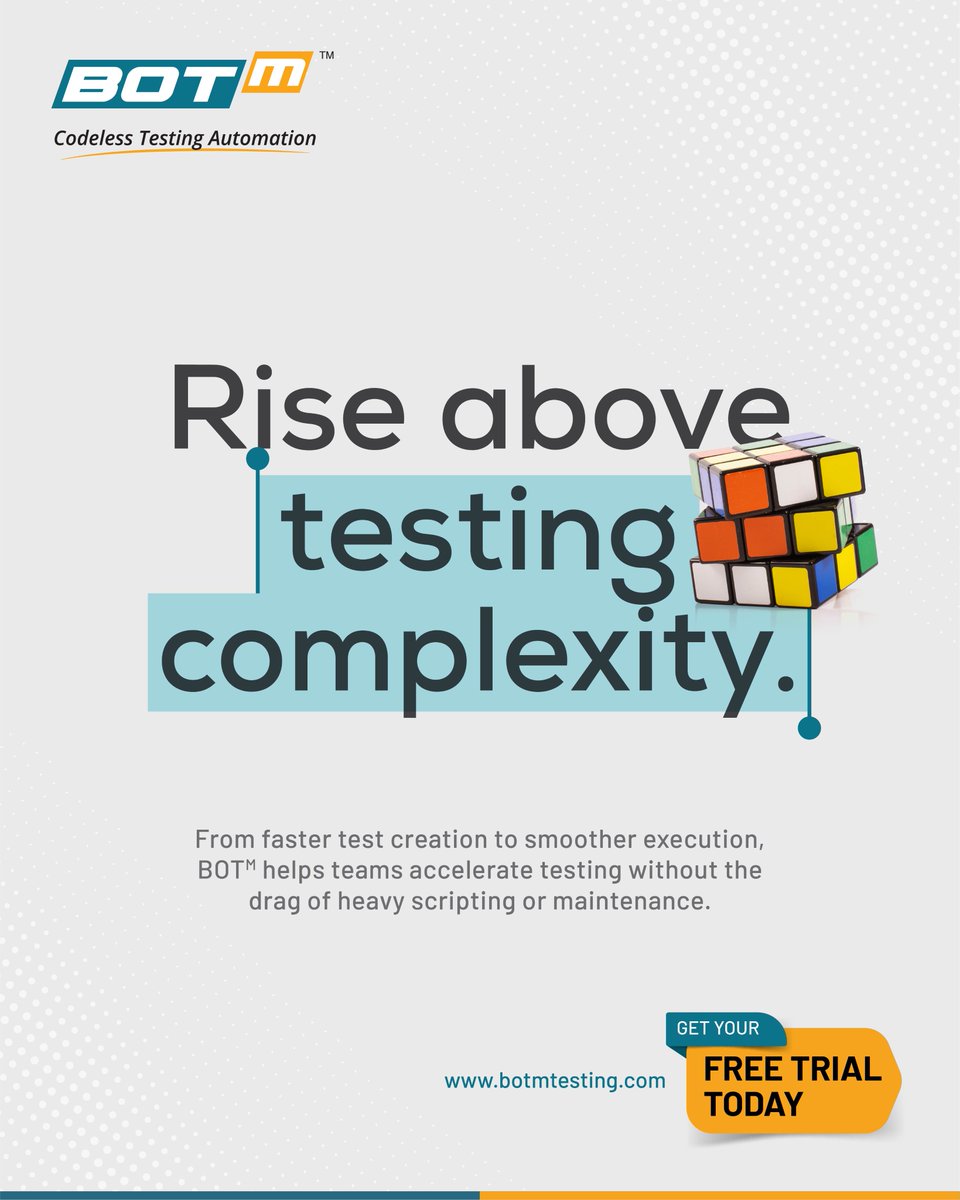 Botm_Testing's tweet photo. Solving the testing puzzle shouldn't be this hard. Move from faster test creation to smoother execution with BOTm’s codeless testing automation.
Get your FREE trial today at https://t.co/L1NKuJSg14
#BOTm #CodelessTesting #SoftwareTesting #QualityAssurance #AICoding https://t.co/yeh98XzcEx