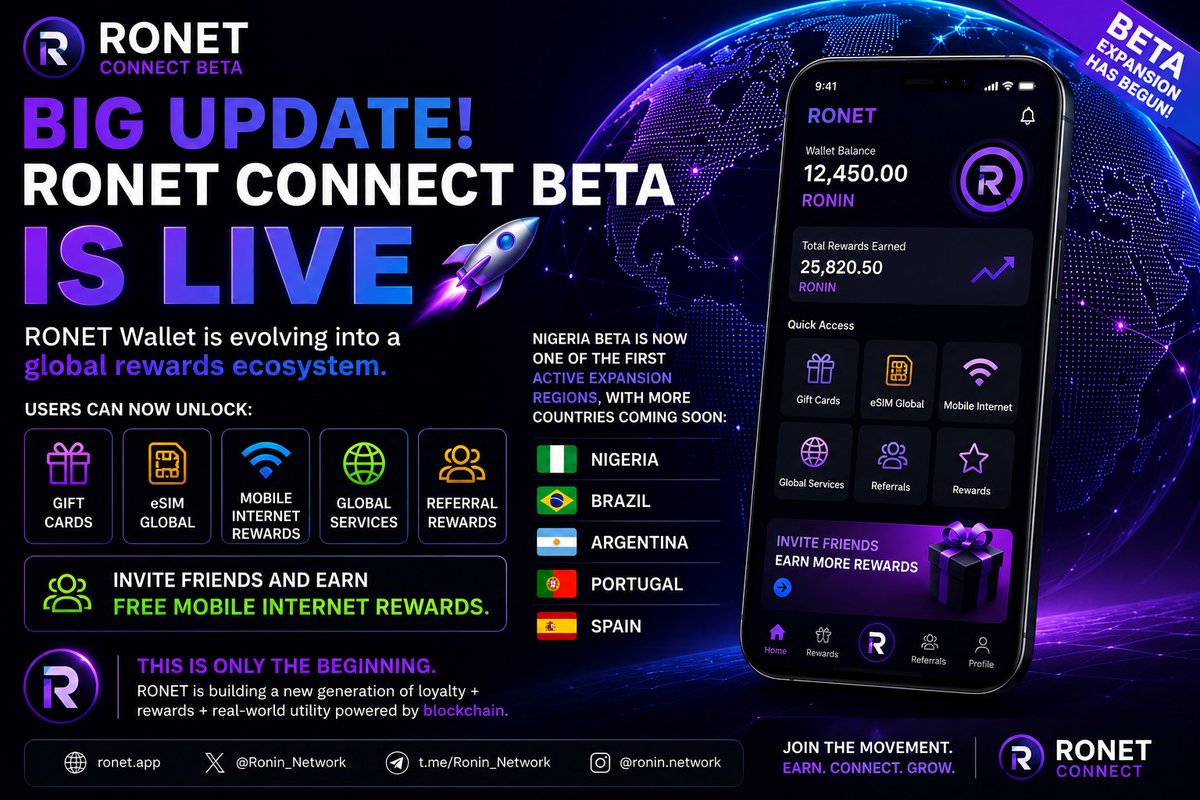 Ronintoken's tweet photo. 🚀 BIG UPDATE: RONET CONNECT BETA IS LIVE 🌍📶

RONET Wallet is evolving into a global rewards ecosystem.

Users can now unlock: 🎁 Gift Cards
📱 eSIM Global
📶 Mobile Internet Rewards
🌍 Global Services
👥 Referral Rewards

🔥 Invite friends and earn FREE mobile internet rewards.

Nigeria Beta is now one of the first active expansion regions, with more countries coming soon: 🇳🇬 Nigeria
🇧🇷 Brazil
🇦🇷 Argentina
🇵🇹 Portugal
🇪🇸 Spain

This is only the beginning.

RONET is building a new generation of loyalty + rewards + real-world utility powered by blockchain.

#RONET #Web3 #Rewards #Crypto #Nigeria #Spain #GiftCards #eSIM #Blockchain #Loyalty #RONETCONNECT