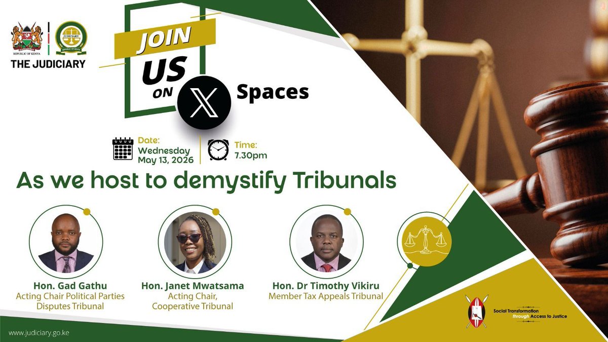 Kenyajudiciary's tweet photo. Join us on on X-Spaces @Kenyajudiciary  for a chat on Tribunals https://t.co/0CEYKcpCds