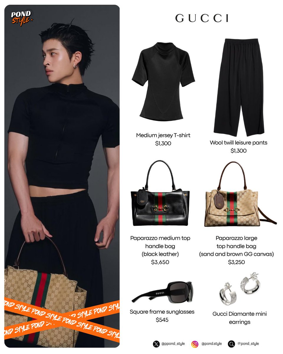 <a href="/ppnaravit/">ppnaravit</a> IG update with <a href="/gucci/">gucci</a> #GucciPaparazzo

wearing #Gucci
• Medium jersey T-shirt
• Wool twill leisure pants
• Paparazzo handle bag (sand and black)
• Square frame sunglasses
• Gucci Diamante mini earrings

#ppnaravit , #pond_style