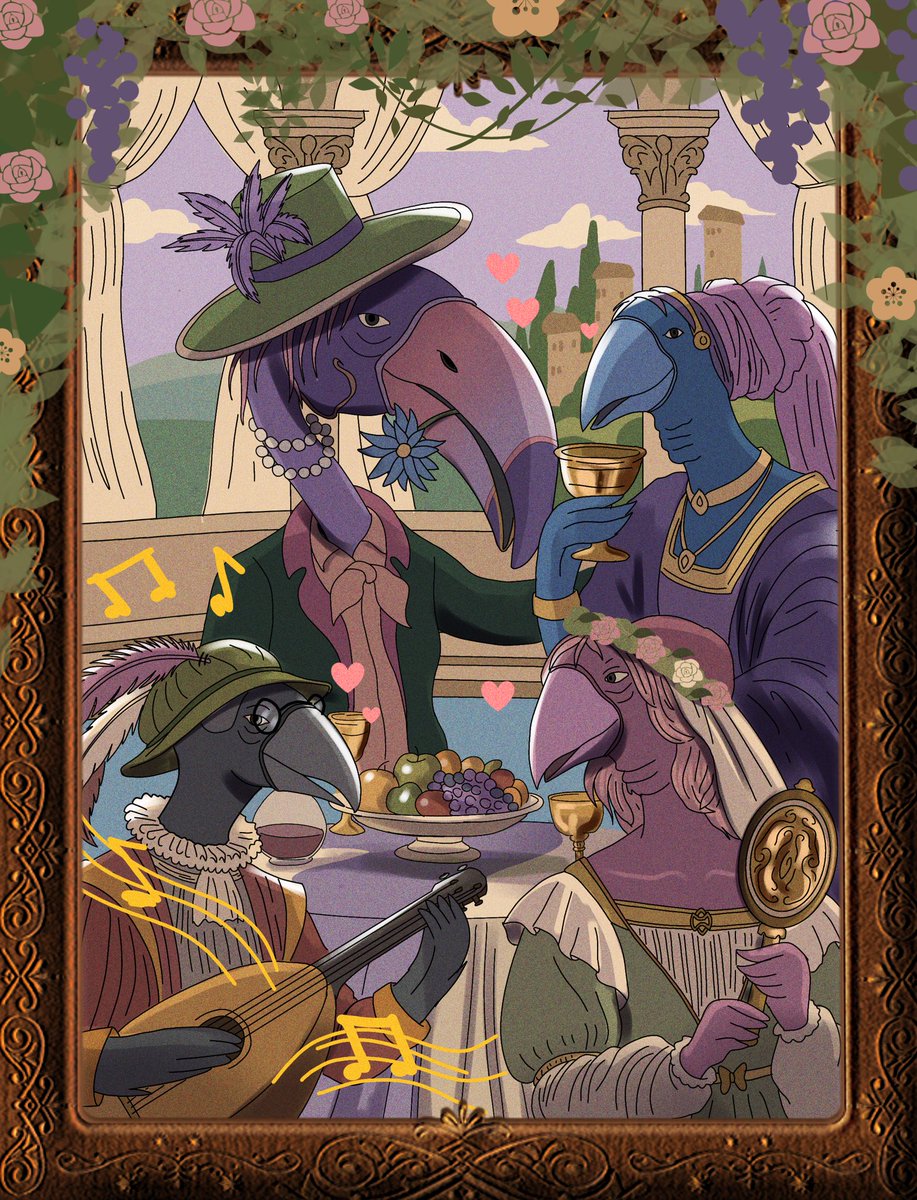 Uchenna603's tweet photo. This is my submission for @thebeaksart contest

Got my inspiration from an anime I watched sometime ago in which the renaissance feast full of melody, wine and feathered elegance. 

I decided to take the spirit of the anime and transport it into a romantic gathering with no AI, just pure digital art with passion.