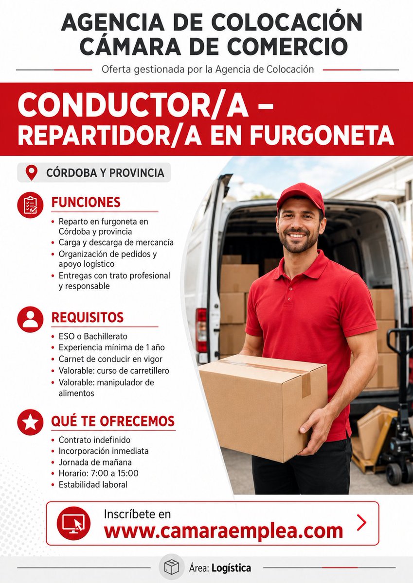 camaraemplea's tweet photo. Nueva oferta de #trabajo Camara Emplea: CONDUCTOR/A  REPARTIDOR/A EN FURGONETA en #cordobaesp @camaraofcordoba > https://t.co/kgODZ6rgrh #camaraemplea https://t.co/SK5fCETMGl