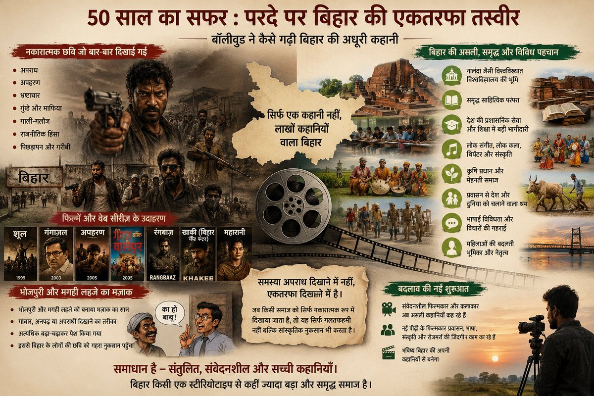 nitinchandra25's tweet photo. बहुत जल्द ही बिहार के गड़े मुर्दे खोदकर मानसिक और वैचारिक स्तर पर दिवालिया हो चुके बॉलीवुड एक और बिहार की पुरानी अपराध की कहानी बेचने वाले हैं जो की फरहान अख्तर की कंपनी एक्सेल करने वाली है और उसको अभिषके चौबे निर्देशित करेंगे । 

जिस तरह से बॉलीवुड ने बिहार की एकतरफा आपराधिक छवि बनाई है उससे आम बिहारी युवा बाहर निकल नहीं पाया है । दर्जन भर फ़िल्में और लगातार ऐसे वेब सीरीज आपको दिख जाएंगे । नीरज पांडे जैसे लोगों ने तो सीधा कह दिया की आइये ना हमरे बिहार में, कट्टा ठोक दें कपार में, लेकिन कहीं किसी ने चूं भी नहीं किया, तो जब आप सोचते हैं तो की बिहारियों को बुरी नज़र से क्यों देखा जाता है तो उसका एक बड़ा कारण ये भी है की बिहार की आपराधिक कहानियां बेचीं जाती हैं और उसके खरीदार बहुत हैं वो इसलिए क्यूंकि आप दूसरे प्रदेश के ऊपर   ".....कट्टा थोक दें कपार में. ." जैसे गाने बनाएंगे तो वहाँ के लोग आंदोलन खड़ा कर देंगे, जैसे की मिर्जापुर के निर्माताओं पर मिर्जापुर के विधायक ने छवि धूमिल करने का केस कर दिया ।

आइये तो जानते हैं की कैसे बॉलीवुड ने 50 सालों में बिहार की एकतरफा छवि बेची है

पिछले कई दशकों से बॉलीवुड ने बिहार को अक्सर एक ही तरह से दिखाया है। फिल्मों और वेब सीरीज़ में बिहार का मतलब बना दिया गया:

अपराध
अपहरण
भ्रष्टाचार
गरीबी
दबंगई
राजनीतिक हिंसा
और मज़ाकिया लहजा

इसका मतलब यह नहीं कि बिहार में समस्याएँ नहीं हैं। हर समाज में समस्याएँ होती हैं। लेकिन असली समस्या है “सिर्फ वही चीज़ बार-बार दिखाना।”

बिहार सिर्फ अपराध की जगह नहीं है। यह वही भूमि है जहाँ:

नालंदा जैसे विश्वविख्यात विश्वविद्यालय रहे,
बड़ी साहित्यिक परंपरा रही,
लोक संगीत और लोक कला विकसित हुई,
थिएटर और संस्कृति मजबूत रही,
लाखों मेहनतकश लोगों ने देश बनाया।
लेकिन फिल्मों में बिहार को ज्यादातर बंदूक, गाली और डर के रूप में दिखाया गया।

शुरुआती फिल्मों में बिहार

1970 और 1980 के दशक की फिल्मों में बिहार को अक्सर:

जमींदारी,
डकैत,
पिछड़े गाँव,
और कानूनहीन इलाकों
के रूप में दिखाया गया।
धीरे-धीरे “बिहारी” शब्द का मतलब बना दिया गया:
रूखा बोलने वाला,

कम पढ़ा-लिखा,
और पिछड़ा व्यक्ति।
जबकि बंगाल, पंजाब या कश्मीर को फिल्मों में सुंदर, रोमांटिक और सांस्कृतिक तरीके से दिखाया गया।

1990 और 2000 के बाद बिहार = अपराध
1990 के बाद बॉलीवुड में बिहार को अपराध की जमीन की तरह दिखाया जाने लगा।

कई फिल्मों में बार-बार ये चीजें दिखाई गईं:

अपहरण उद्योग

माफिया राजनीति
गैंगवार
जातीय हिंसा
भ्रष्टाचार
जैसी फिल्मों ने इस छवि को मजबूत किया:
Shool

Gangaajal
Apaharan
ये फिल्में अच्छी बनी थीं, लेकिन लगातार ऐसे चित्रण से पूरे देश में यह धारणा बनने लगी कि:  “बिहार मतलब अपराध और अव्यवस्था।”

धीरे-धीरे यह बॉलीवुड का आसान फार्मूला बन गया:

थोड़ा देहाती लहजा,
नेता,
बंदूक,

धूल भरी सड़क,
और गुंडे जोड़ दो, दर्शक तुरंत समझ जाता था — “ये बिहार है।”
भोजपुरी और मगही लहजे का मज़ाक  आप लोगों ने "पंचायत" को बहुत एन्जॉय किया लेकिन जहाँ से मैं देखता हूँ पंचायत बहुत नुकसान करती है क्यूंकि बलिया की कहानी में दिखाने की कोशिश है की बलिया की अपनी भाषा मर चुकी है और पूरा बलिया का वो गांव एक अजीबोगरीब हास्यास्पद हिंदी बोलता है । लोगों को रस तो मिल जाता है लेकिन वो रस कहाँ से निचोड़ा गया है वो बताता नहीं है कोई ।

तो कहने का मतलब है की सबसे ज्यादा नुकसान बिहार की भाषा और बोलचाल को हुआ।
भोजपुरी और मगही लहजे को फिल्मों में अक्सर:

मज़ाक के लिए,
गंवार दिखाने के लिए,
या अपराधी दिखाने के लिए

इस्तेमाल किया गया।
कई फिल्मों में “बिहारी हिंदी” को जरूरत से ज्यादा बढ़ा-चढ़ाकर दिखाया गया।
उदाहरण:
Half Girlfriend
Super 30

धीरे-धीरे लोगों के दिमाग में यह बात बैठने लगी:

साफ हिंदी = समझदार

भोजपुरी/मगही लहजा = कमतर या मज़ाकिया  ये बात ठीक है की बॉलीवुड हिंदी बनाएगा, कोई दिक्कत नहीं है आप बनाइये लेकिन ये प्रकाश झा नीरज पांडे जैसे लोग इतने निर्लज कैसे हो गए की इन्होने कभी अपनी मातृभाषा पर ध्यान नहीं दिया ।
इसका असर बिहार के प्रवासी लोगों पर पड़ा, जिन्हें दूसरे शहरों में अक्सर हीन नजर से देखा गया।

“क्रिमिनल बिहारी” की छवि

बॉलीवुड में सबसे ज्यादा दिखाई जाने वाली छवि बनी: “गुस्सैल, गाली देने वाला, बंदूक लेकर घूमने वाला बिहारी आदमी।”
Gangs of Wasseypur जैसी फिल्में कलात्मक रूप से मजबूत थीं, लेकिन उनके बाद कई फिल्मों और सीरीज़ ने सिर्फ बाहरी चीजें कॉपी कीं:

गाली,

हिंसा,

कोयला माफिया,
देहाती आक्रामकता।
समाज की गहराई कम दिखाई गई, स्टाइल ज्यादा।

बाद में वेब सीरीज़ ने इस ट्रेंड को और बढ़ाया:

Rangbaaz
Khakee: The Bihar Chapter
Maharani
और भी हैं

समस्या अपराध दिखाने में नहीं है

सिनेमा को सच्चाई दिखानी चाहिए।

समस्या यह है कि बिहार की सिर्फ नकारात्मक बातें बार-बार दिखाई गईं और ये कोई बाहर के लोग नहीं थे, ये सब बिहारी ही थे मैक्सिमम ।

मुंबई पर भी अपराध आधारित फिल्में बनीं, लेकिन मुंबई को:

ग्लैमरस,
आधुनिक,
सपनों का शहर
भी दिखाया गया।

पंजाब को:

संगीत,
खेती,
रोमांस,
फैशन
के साथ दिखाया गया।

बंगाल को:

साहित्य,
बुद्धिजीवी संस्कृति,
कला
के रूप में दिखाया गया।

लेकिन बिहार के बारे में संतुलित कहानियाँ बहुत कम बनीं।
कहाँ हैं फिल्में:
बिहारी वैज्ञानिकों पर?
मैथिली संस्कृति पर?
लोककला पर?
मध्यवर्गीय बिहार पर?

महिलाओं के बदलाव पर?
प्रवासी मजदूरों की भावनात्मक दुनिया पर?
फिर आया भोजपुरी सिनेमा । अब क्यूंकि पढ़े लिखे दर्शक और मेकर सब बचपन से हिंदी में ही पले बड़े तो भोजपुरी पर एक तरह के लोगों का कब्ज़ा हुआ जिन्होंने भोजपुरी में वही किया जो उन्हें आता था । दर्शक हमेशा से गरीब कम पढ़ा लिखा वर्ग, प्रवासी मजदूर रहा ।    भोजपुरी बुरा बनाने वाले से ज्यादा अच्छा ना बनाने की वजह से बर्बाद हुआ और जिन बिहारियों को अच्छा सिनेमा बनाना आता है वो सब हिंदी में हैं ।

तो इस तरह से भोजपुरी सिनेमा के एक बड़े हिस्से ने भी बिहार की छवि को नुकसान पहुँचाया।
कई फिल्मों में:
अश्लीलता,
महिलाओं को गलत तरीके से दिखाना,
डबल मीनिंग गाने,

जोर-जबरदस्ती वाली मर्दानगी

बहुत बढ़ गई।

इससे भोजपुरी भाषा की प्रतिष्ठा को नुकसान हुआ।

जहाँ मलयालम, मराठी और बंगाली सिनेमा को सम्मान मिला, वहीं भोजपुरी सिनेमा को “सस्ता मनोरंजन” मान लिया गया।

सिनेमा का असर बहुत गहरा होता है
बहुत से लोग जिन्होंने कभी बिहार नहीं देखा, वे बिहार को फिल्मों और सोशल मीडिया के जरिए ही जानते हैं।
जब किसी समाज को बार-बार मज़ाक या अपराध के रूप में दिखाया जाता है, तो -
बाहर के लोग उसे उसी नजर से देखने लगते हैं
अंदर के लोग खुद को कमतर समझने लगते हैं
यहीं से सांस्कृतिक नुकसान शुरू होता है।

आगे का रास्ता

बिहार की नई छवि शायद बॉलीवुड नहीं बनाएगा।
इसलिए हमें चाहिए मैथिली सिनेमा, गंभीर भोजपुरी सिनेमा, बिहार के स्वतंत्र फिल्मकार, डॉक्यूमेंट्री फिल्में, और जमीनी कहानियाँ बिहार के लोगों की अपनी मातृभाषाओँ में ।

समाधान नकली सकारात्मकता नहीं है।

समाधान है — संतुलन।

बिहार को उसी तरह दिखाया जाना चाहिए जैसा वह सच में है:
संघर्ष भी,
सुंदरता भी,
हिंसा भी,
बुद्धिमत्ता भी,
राजनीति भी,

कविता भी।
क्योंकि बिहार किसी एक stereotype से कहीं ज्यादा बड़ा और जटिल समाज है।