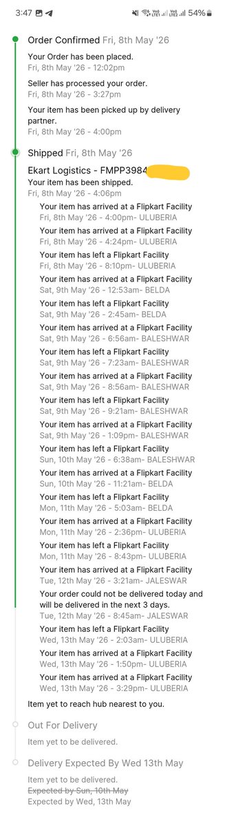 ajdeepak_'s tweet photo. @flipkartsupport Is this the downfall of Flipkart started? My order has been moving from one hub to another for days instead of getting delivered. Shame on you. If you are not able to deliver products, then why accept the order? Totally frustrated with this pathetic service. #Flipkart #Ekart https://t.co/TXQtQWQYO7