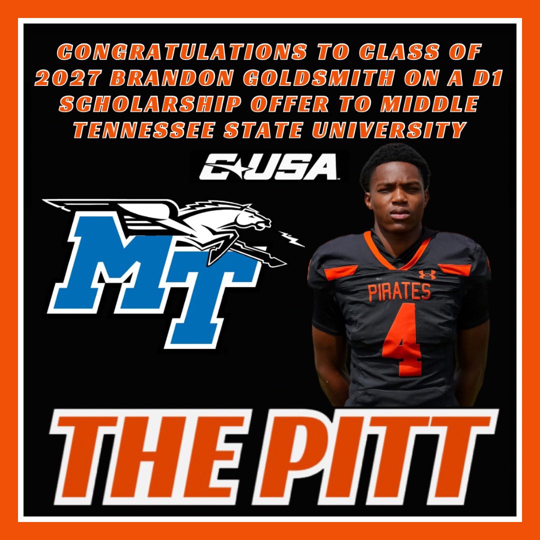 BGoldsmith2027's tweet photo. After a great visit with @CoachAJReisig I am blessed  to announce a D1 Scholarship Offer to @MT_FB #ThePitt @MTFB_Recruiting @SPHSPIRATES @SPCoachStone @jared5_59 @CoachO_MTSU @CoachDerekMason @stewdg1 @WillChapman_1 @McAlpin_Jack @CalvinLowry  @coach_b_lewis30 @ChadSimmons_ @CSmithScout