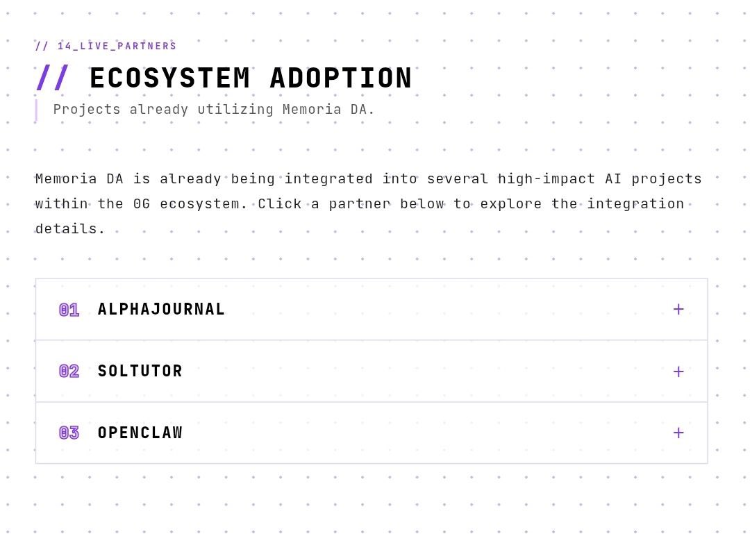 encrypt_wizard's tweet photo. it’s a proud moment to see MemoriaDA powering a diverse range of high-impact AI projects, from our in-house education tool SolTutor to standalone powerhouses like @AlphaJournal_ 

this update showcases the versatility of our data availability layer in supporting both native ecosystem growth and external partner integrations within the @0G_labs network

we are just scratching the surface of what’s possible as ecosystem adoption continues to accelerate.