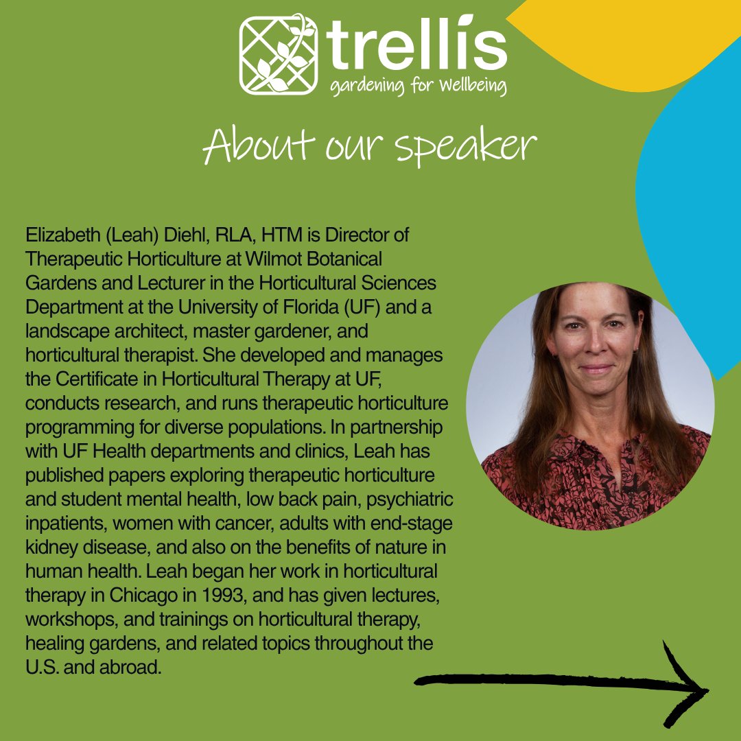 Trellis_Network's tweet photo. World Therapeutic Horticulture World Day online seminar! We are looking forward to hosting Leah Diehl University of Florida. Leah will be presenting Growing Resilience: TH Program Outcomes Among University Students on the 19th May at 3pm. Book now! https://t.co/Kc7Uqo21sU

#WTHD https://t.co/3lVNczDVBp