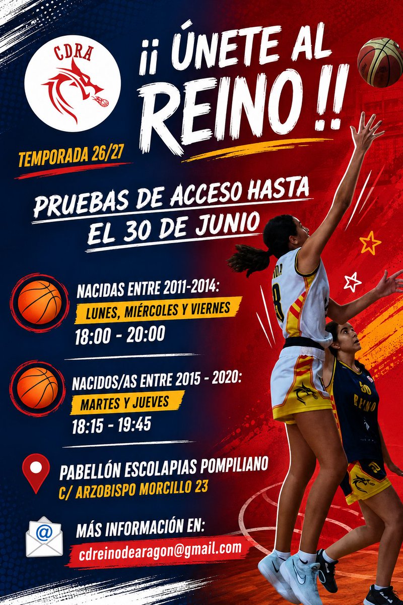 CDReinodeAragon's tweet photo. 🐲 ¡Únete al Reino de Aragón!
📅 Temporada 2026-2027

👧 Nacidas 2011-2014
📅 Lunes, miércoles y viernes
⏰ 18:00-20:00

🧒 Nacidos/as 2015-2020
📅 Martes y jueves
⏰ 18:15-19:45

🏟️ Pabellón Pompiliano
➕ Información e inscripciones en el enlace de nuestro perfil.
#Temporada9 🐲 https://t.co/hbRndDwpVR