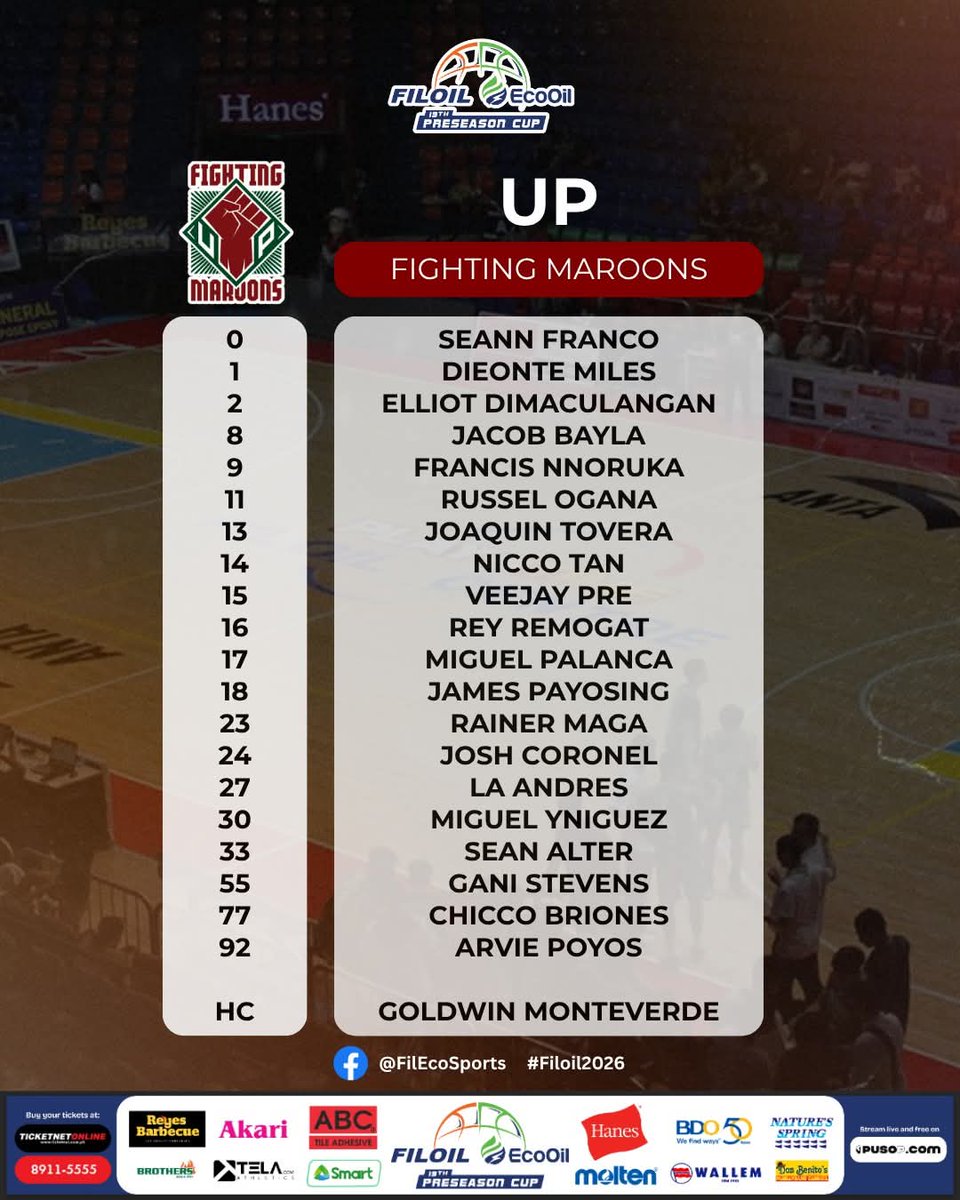 baylavers08's tweet photo. Roster reveal for #FiloilEcooilPreseasonCup

📸 Filoil EcoOil Sports Facebook page

#jacobbayla 
#upfightingmaroons 
#upfight https://t.co/GkpqxJB5Xe