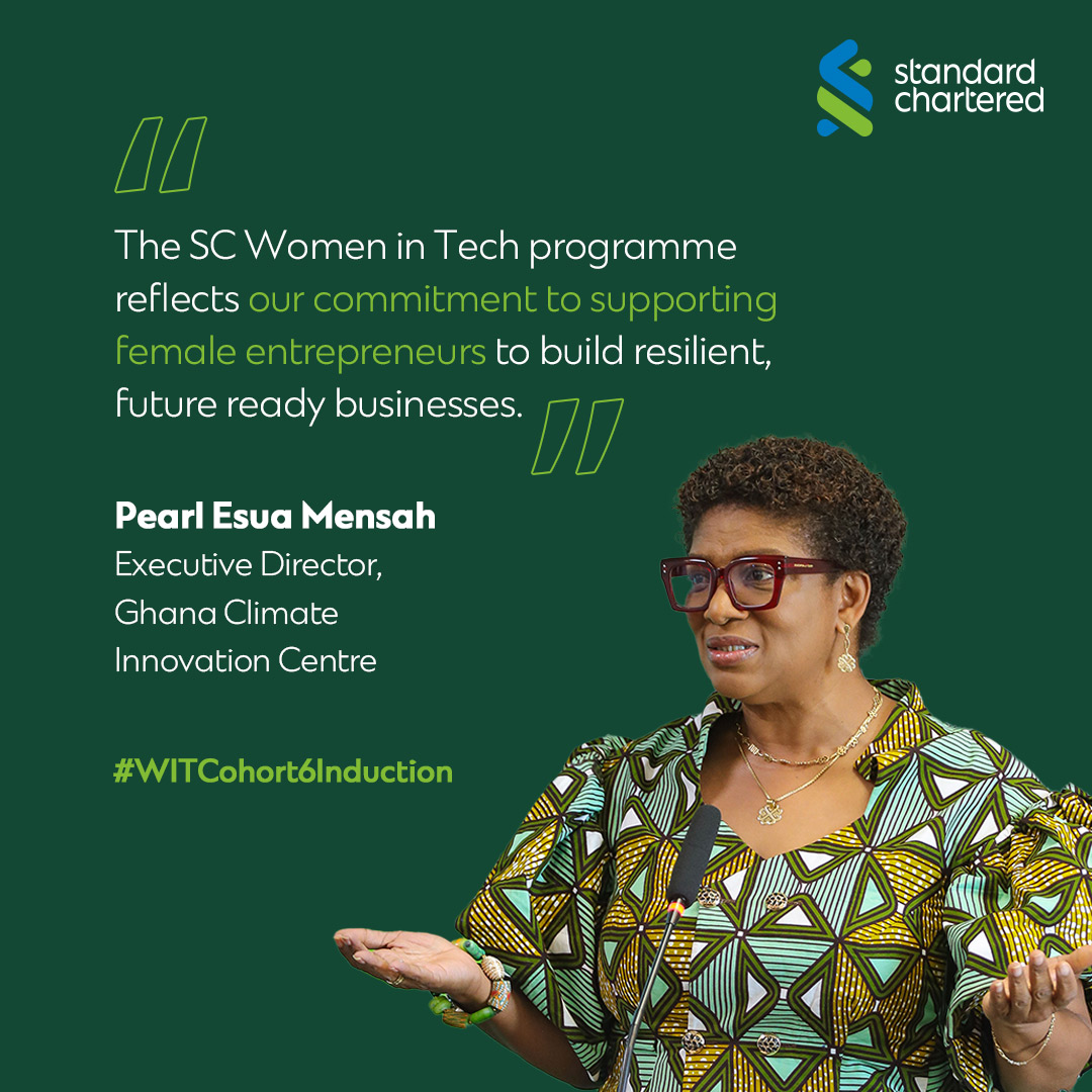 StanChartGH's tweet photo. Speaking at the Cohort 6 induction ceremony, Pearl Esua-Mensah, Executive Director of the Ghana Climate Innovation Centre, emphasized SC Women in Tech’s commitment to building resilient and future ready female led businesses. https://t.co/UPvt0tXRqz