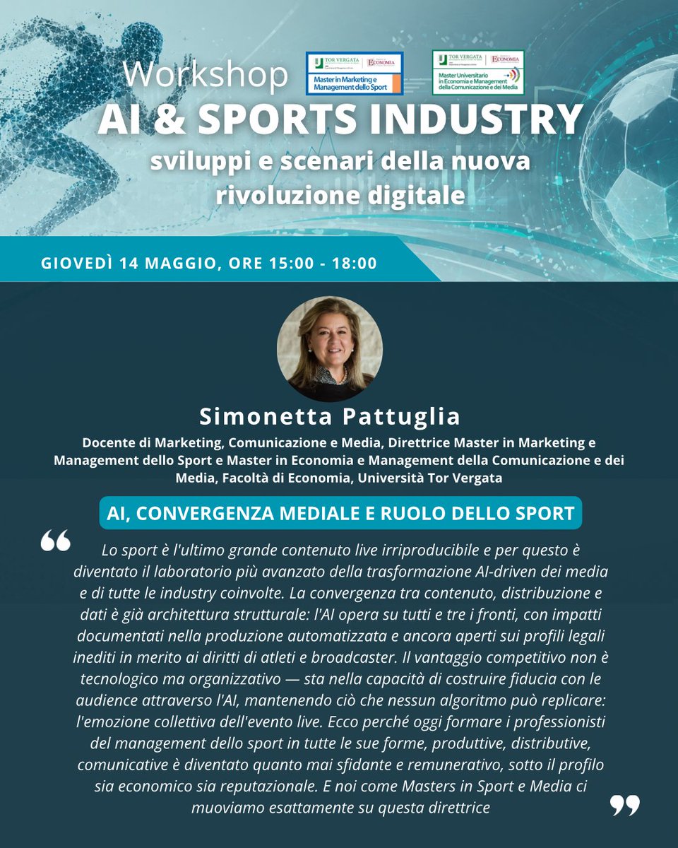 MasterMMSport's tweet photo. 🚀 𝐀𝐈 &amp; 𝐒𝐏𝐎𝐑𝐓𝐒 𝐈𝐍𝐃𝐔𝐒𝐓𝐑𝐘, DOMANI IL WORKSHOP
📅 Giovedì 14 maggio @MasterMMSport  e @Comunica_Media  portano al centro un tema strategico: il rapporto tra AI, sport, media e trasformazione digitale.
‼️Leggi i dettagli in descrizione e nel post https://t.co/iaNjvlg9I1