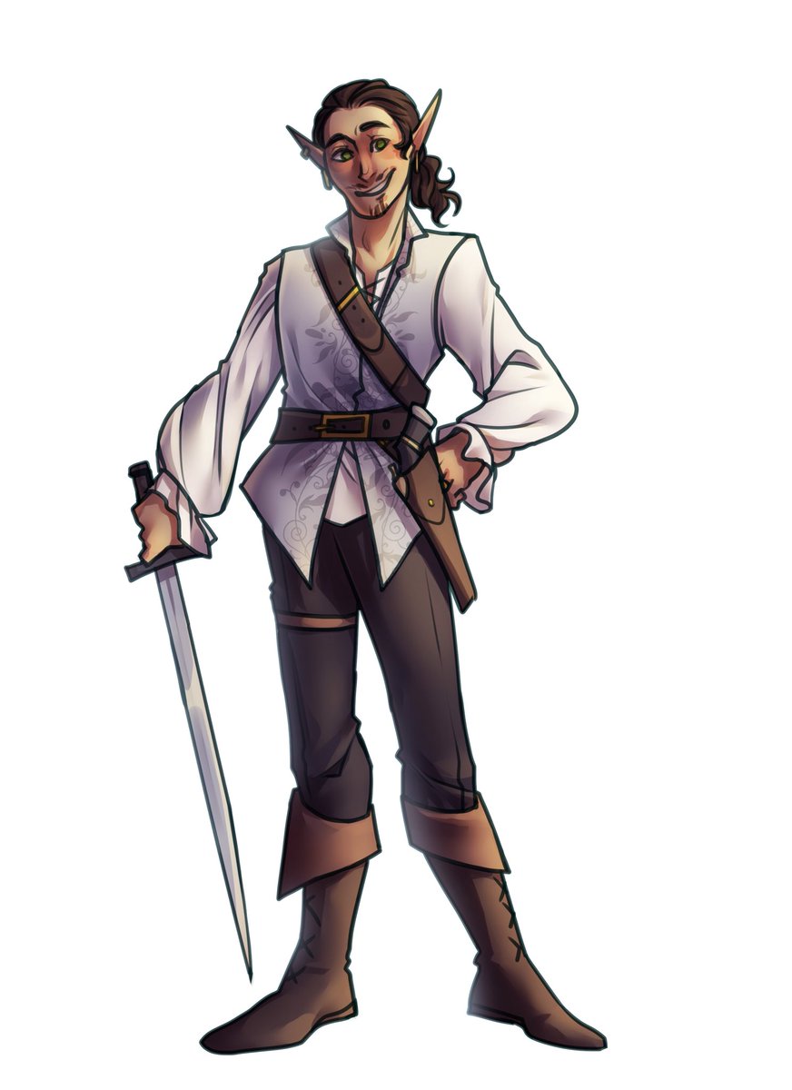 Murcybabe's tweet photo. (2/2) here are her found family :) Captain Barrelstock, who has a very foul mouth, Ingrav, the biggest elf you’ll ever meet, Tide the water genasi who slays constantly, and Ettrian’s first ever art in his First Mate’s silver vest 🧡 https://t.co/SWNWI9y8mD
