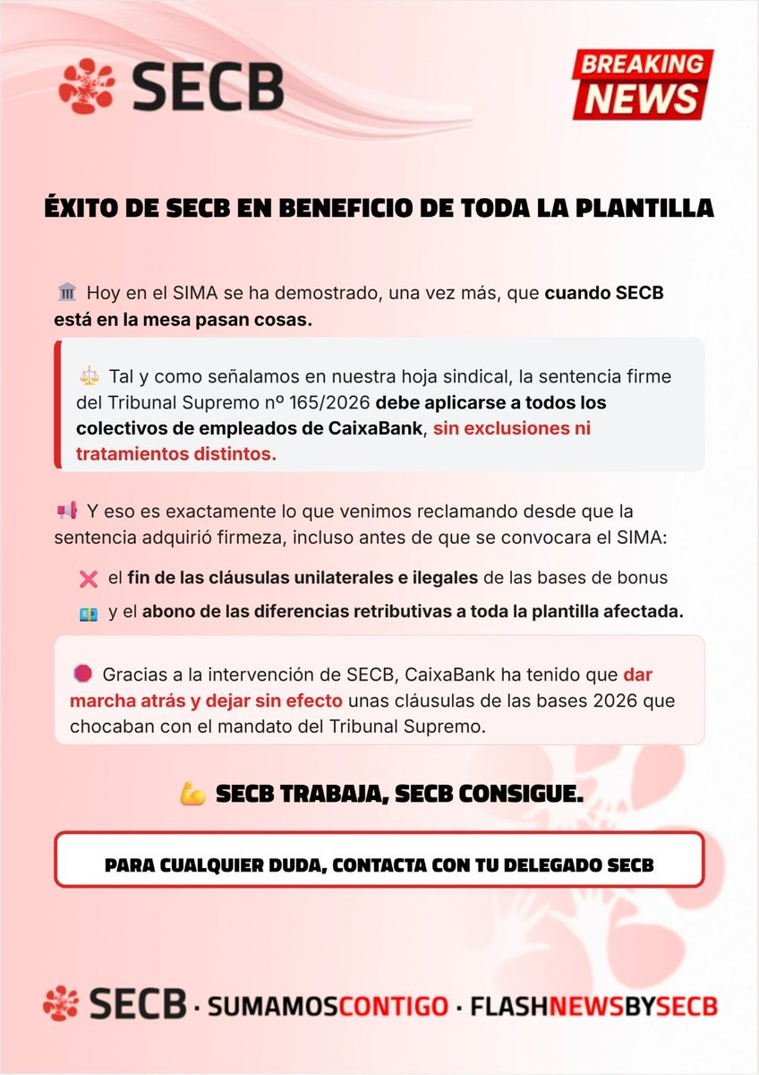 secbcaixabank's tweet photo. 🔴 SECB logra que CaixaBank rectifique y aplique la sentencia para toda la plantilla afectada.

📄 Puedes acceder a la información completa y a nuestros requerimientos en el siguiente enlace:
https://t.co/R9wXsAcZGN

SECB, SUMAMOSCONTIGO https://t.co/hMsZKVQZdc