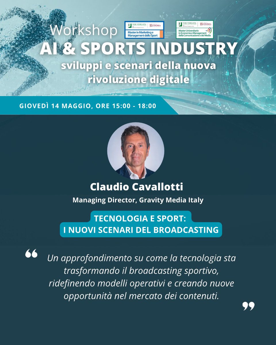 MasterMMSport's tweet photo. 🚀 𝐀𝐈 &amp; 𝐒𝐏𝐎𝐑𝐓𝐒 𝐈𝐍𝐃𝐔𝐒𝐓𝐑𝐘 — 𝐃𝐎𝐌𝐀𝐍𝐈 𝐈𝐋 𝐖𝐎𝐑𝐊𝐒𝐇𝐎𝐏. Con professionisti, manager e docenti analizzeremo: AI e convergenza mediale, nuovi scenari del broadcasting sportivo, rapporto tra club e fan nell’ecosistema digitale, dati, proprietà intellettuale. https://t.co/af2bAdo1UF