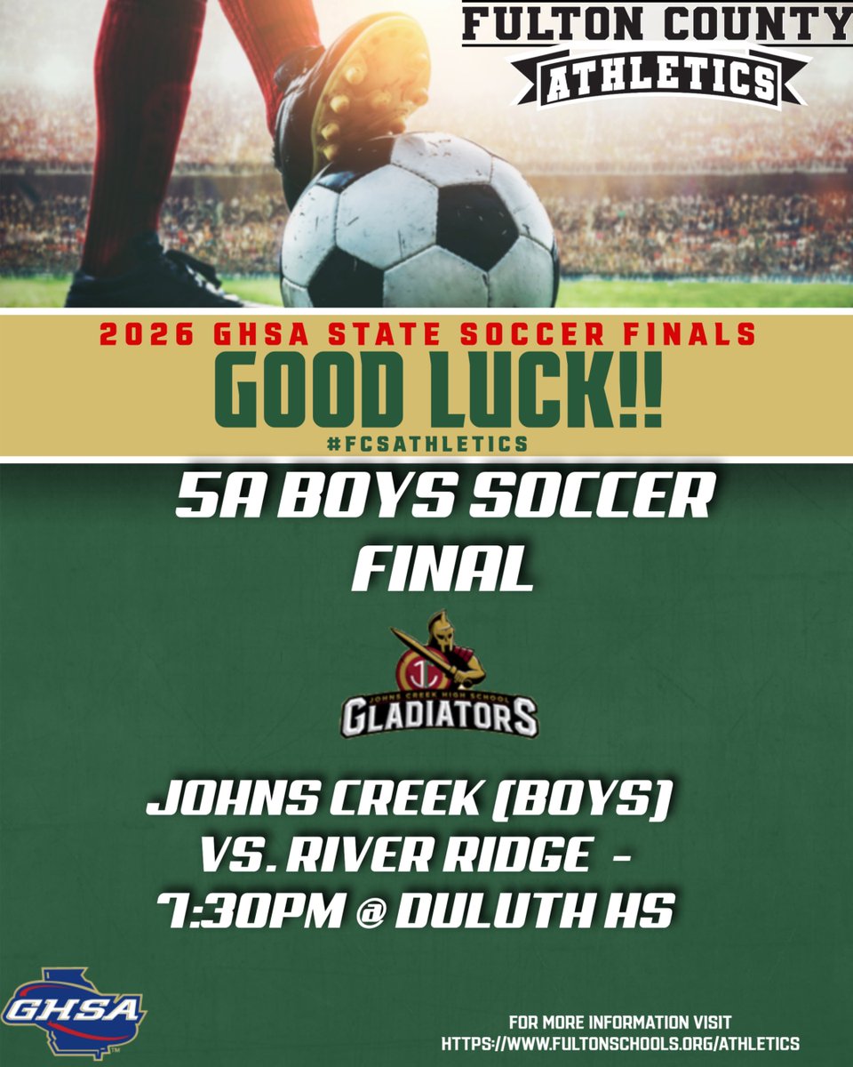 athletics_FCS's tweet photo. Good luck to the @jcgladiators Boys Soccer team as they look to bring home the @officialGHSA 5A State Title tonight!!! Let's go Gladiators!!! #FCSAthletics🏆 #WeAreFulton @LGlenn_FCS_AD @FultonCoSchools @BFGaskins @FCSSuptLooney https://t.co/JpoIGgk93X