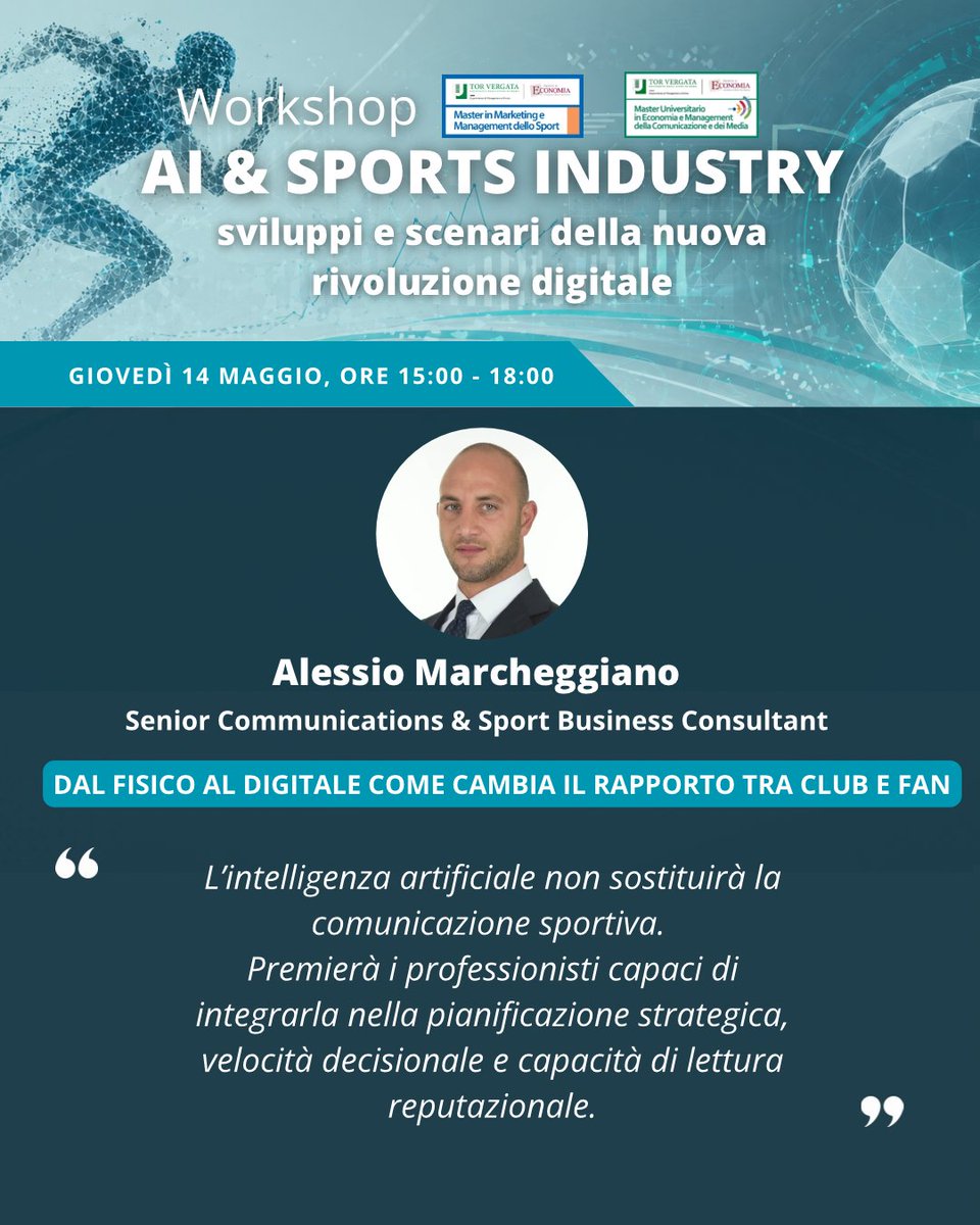 MasterMMSport's tweet photo. 🚀 𝐀𝐈 &amp; 𝐒𝐏𝐎𝐑𝐓𝐒 𝐈𝐍𝐃𝐔𝐒𝐓𝐑𝐘 — 𝐃𝐎𝐌𝐀𝐍𝐈 𝐈𝐋 𝐖𝐎𝐑𝐊𝐒𝐇𝐎𝐏
💡 Oggi innovazione tecnologica, comunicazione e sport non viaggiano più separati: convergono nello stesso ecosistema.
#MasterMMSport #MasterComMedia #AISportsIndustry #SportBusiness https://t.co/cnvWykXgh6