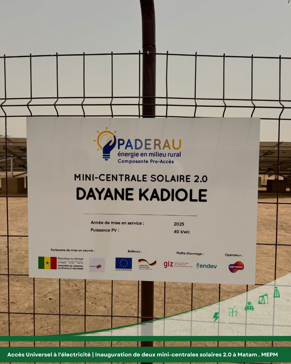 Mepsenegal's tweet photo. ⚡Accès universel à l’électricité |
Le Ministre Birame Soulèye DIOP a inauguré les mini-centrales solaires 2.0 de Dayane Sellé et Dayane Kodiolé à Matam. Réalisées dans le cadre du #PADERAU, elles alimenteront 712 bénéficiaires, écoles et structures sanitaires.
#MEPM #Senelec https://t.co/kyOCoqZGCL
