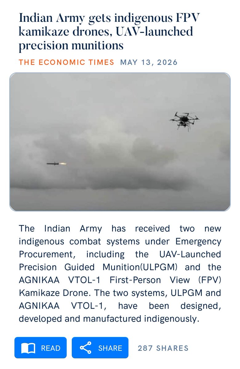 Harsh24R's tweet photo. Indian Army gets indigenous FPV kamikaze drones, UAV-launched precision munitions
https://t.co/JLdtL0RyCZ

via NaMo App https://t.co/seCUqMPQSs