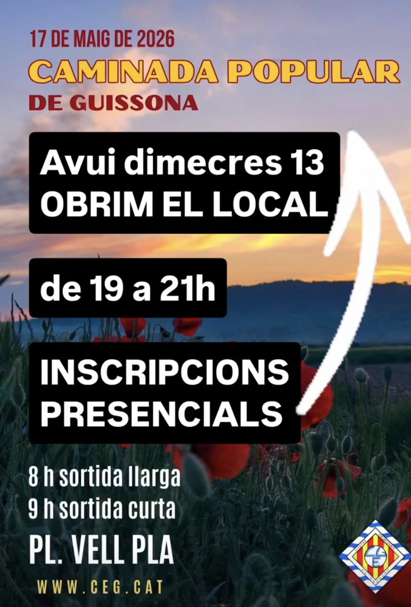 CentreCEG's tweet photo. 📢 Avui obrim el local de 🕖 19 h a 21 h per fer les  inscripcions presencials a la Caminada Popular d’aquest diumenge, dia 17! 🌿🥾

📍Av. de Cervera, 6 - Guissona

🤗 T’hi esperem! 💚 https://t.co/7AoY2gIZv6