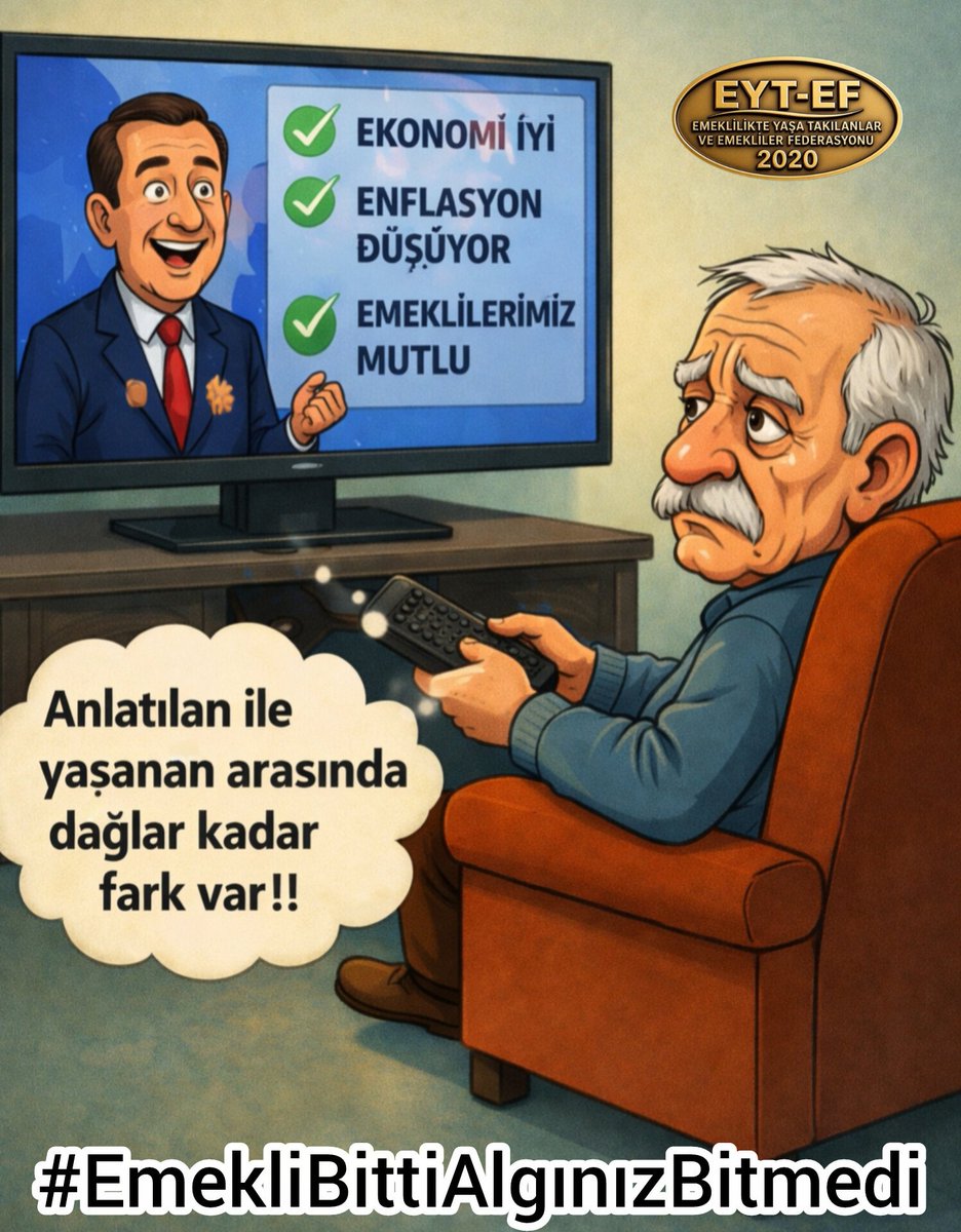 Emekliyi yıllarca enflasyona ezdirdiniz, şimdi algıyla susturmaya çalışıyorsunuz.
Pazarda file boş, mutfakta tencere boş, ama ekranlarda pembe masallar bitmiyor.
Emekli geçinemiyor, siz hâlâ başarı hikâyesi anlatıyorsunuz. 
<a href="/Akparti/">AK Parti</a>
#5000KısmiKördüğüm
#EmekliBittiAlgınızBitmedi