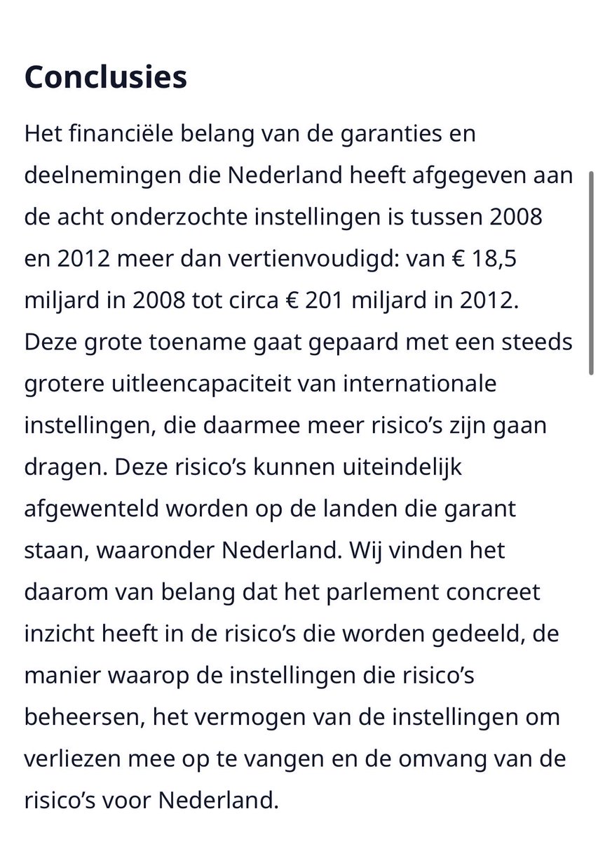 Wftproof's tweet photo. Pensioengeld als stille bankredder en financier van ESG‑schulden 💶 🌳

In 2008 ontstond geen onverwachts, klassiek liquiditeitsprobleem, maar een structureel tekort aan onderpand in het OTC‑derivatensysteem: circa €2.000 miljard in Europa, waarvan ongeveer €200 miljard in Nederland.

Dit tekort was bij een aantal actoren binnen het systeem bekend, maar is niet zo gepresenteerd.

De Europese Commissie lanceerde een garantieregeling van ruim €2.000 miljard en de ECB verlaagde de rente, zodat de de tekorten bij de banken bleven (banken zijn tegenpartij bij deze transacties van pensioenfondsen en verzekeraars). De ECB startte opkoopprogramma’s om dit tekort te beheersen en financieren.

Volgens de Algemene Rekenkamer nam het financiële belang van Nederlandse staatsgaranties aan internationale/EU instellingen in deze periode explosief toe: van €18,5 miljard in 2008 naar circa €201 miljard in 2012. Deze groei ging gepaard met grotere risico’s voor Nederland, terwijl het parlement niet volledig en concreet werd geïnformeerd over doel, looptijd en risico’s van deze garanties.

Hoewel Nederlandse bankverzekeraars in oktober 2008 nog €200 miljard staatssteun vroegen, bleek die volgens de parlementaire enquête (motie van o.a. Rutte) plots niet meer nodig. Wat buiten beeld bleef, is dat vanaf 2009 dit onderpandtekort werd opgevangen met pensioenvermogen.

Via een onderpandcarrousel van ABP (APG) en PFZW (PGGM) leverden pensioenfondsen op grote schaal garanties (EUR 200 miljard) aan bankverzekeraars, via beleggingsfondsen en clearinghuizen. 
Voor burgers werd dit verzwegen, terwijl de risico’s en kosten werden afgewenteld op deelnemers, bankklanten (o.a. liquiditeitsopslag) en maatschappij.

In dezelfde periode werd ESG verankerd als pijler van het beleggingsbeleid. Binnen lobbyclub Eumedion, met o.a. ABP en PFZW, werd in 2009 duurzaamheid geïntroduceerd.

Vanaf dat moment ontstaat een nieuwe financiële werkelijkheid:

• klimaat, energie en CO₂-rechten als verhandelbare activa 
• ESG als leidraad voor kapitaalallocatie 
• sterke groei van publieke en Europese schuld 
• structurele steun via ECB-opkoopprogramma’s 
ESG is daarmee niet alleen beleid, maar vooral een markt.
 Het onderpandtekort van 2008 verdwijnt niet, maar wordt vervangen door nieuwe publieke en “groene” schulden die als onderpand dienen.

Pensioenvermogen speelt hierin een sleutelrol: eerst als stille stabilisator van banken, daarna als financier van ESG-gerelateerde schuldopbouw.

Het FTK (2004, onder staatssecretaris Rutte) heeft pensioenfondsen structureel in dit model geplaatst, via renteafdekking, derivaten en onderpandmanagement.

Pensioenvermogen is ingezet om een onderpandtekort op te vangen en vervolgens via ESG en publieke schuld nieuw onderpand te creëren.

De parlementaire enquête financieel stelsel heeft deze ‘pensioenpooling’ niet blootgelegd. Betrokken actoren zijn gehoord, maar fraude bleef buiten beeld.

Onafhankelijk onderzoek is noodzakelijk!

Lees Worst Bank Scenario.
