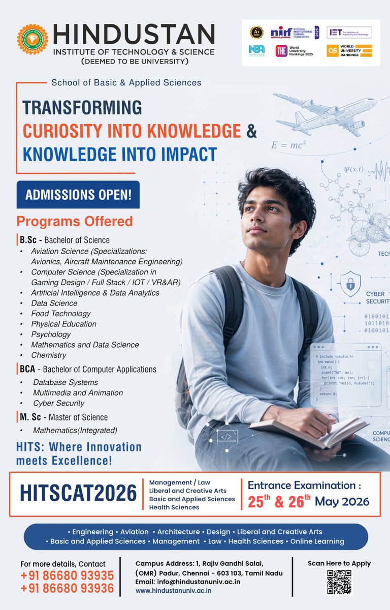hits_maths's tweet photo. 🚀 Admissions Open for 2026 at the School of Basic &amp; Applied Sciences, Hindustan Institute of Technology and Science
🎓 Programs Offered: • https://t.co/NHswv6SgTc Mathematics and Data Science 
• https://t.co/vXHz6dCfts Mathematics
#HITS h https://t.co/P7eusQpOuq