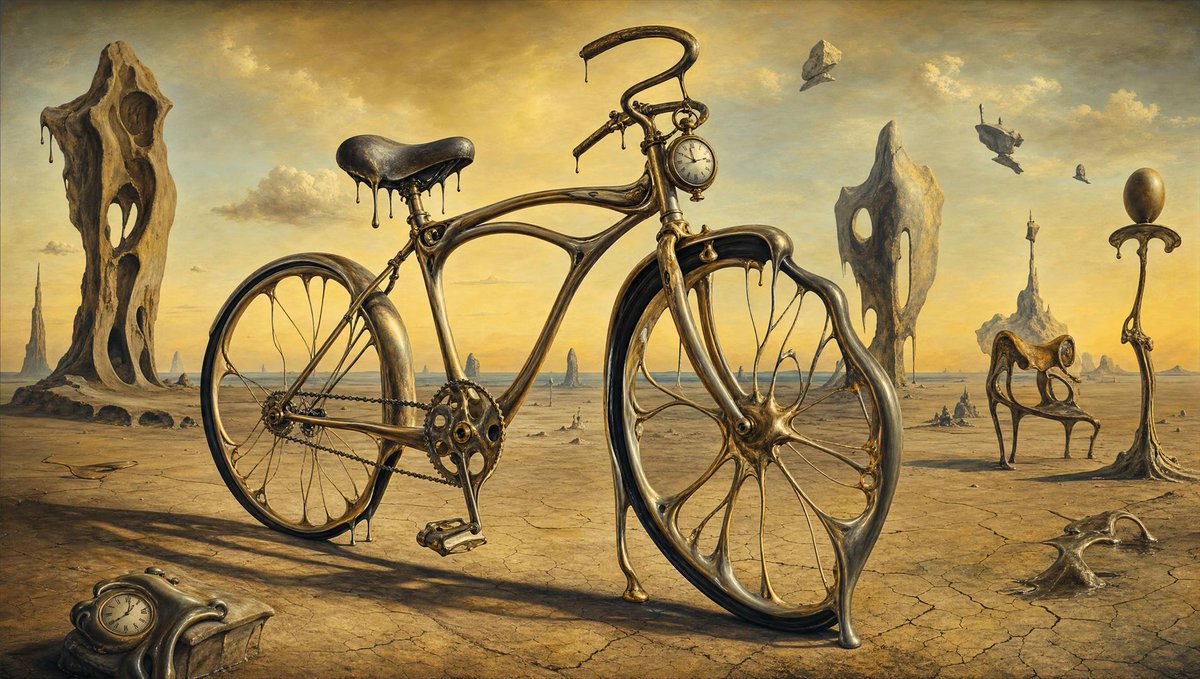 PromptSin's tweet photo. Time pedals through a golden desert where reality flows like liquid wax.
A haunting sense of stillness and beautiful decay.
Would you ride toward the horizon or wait for the sun to melt away? Drop a comment below. ๐ฐ๏ธ๐ฒ
#SurrealArt #Dreamscape #DigitalCanvas https://t.co/XG7lseSHj7