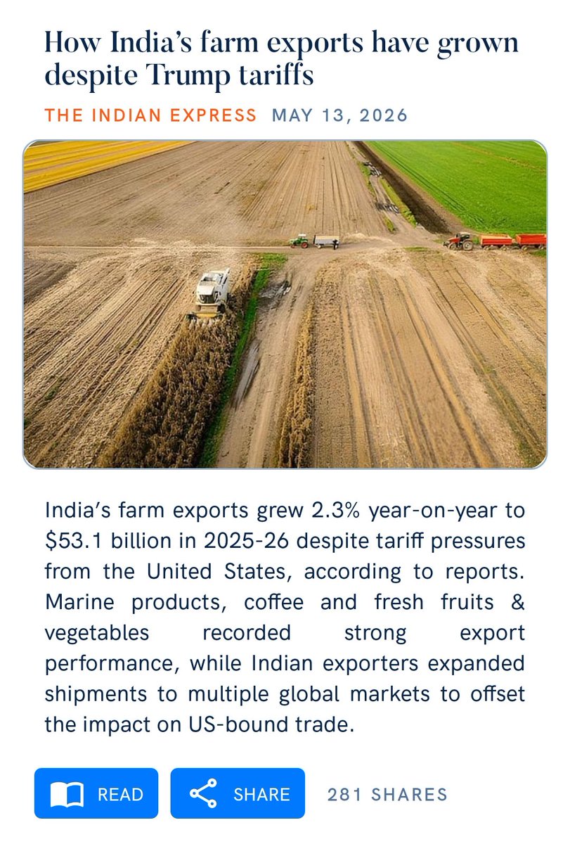 Harsh24R's tweet photo. How India’s farm exports have grown despite Trump tariffs
https://t.co/1kRz6xfUJH

via NaMo App https://t.co/Yt46IkABGv