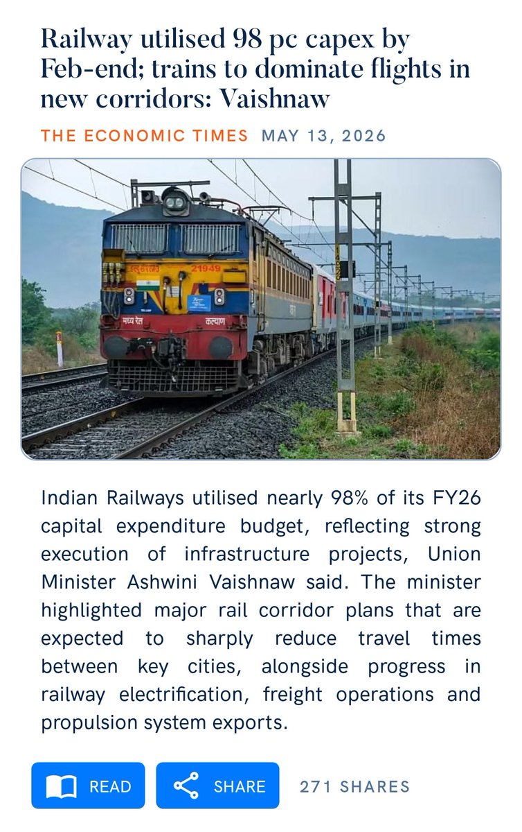 Harsh24R's tweet photo. Railway utilised 98 pc capex by Feb-end; trains to dominate flights in new corridors: Vaishnaw
https://t.co/18yaFzRLMZ

via NaMo App https://t.co/Brwvw0ukYL