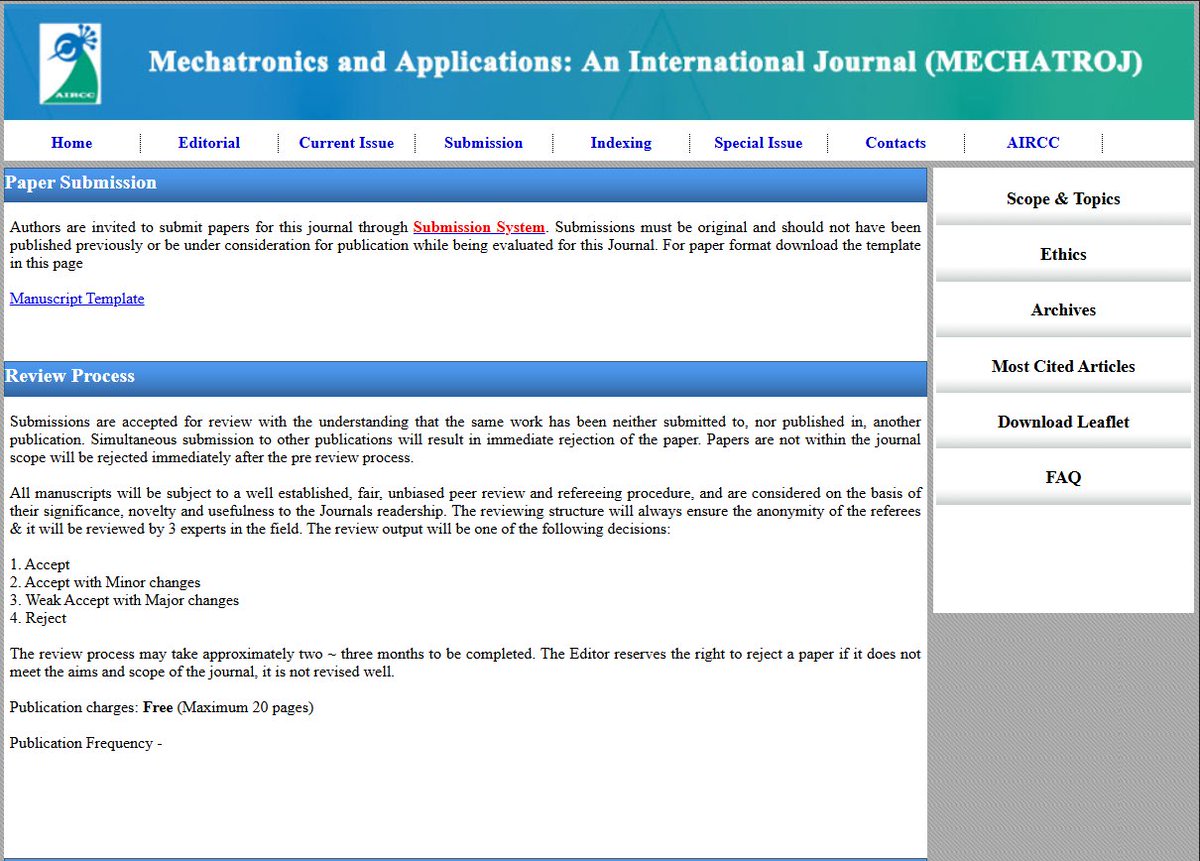 MECHATROJ's tweet photo. Mechatronics and Applications: An International Journal (MECHATROJ)

Webpage URL: https://t.co/zWeOutjWIo

Submission Deadline: May 14, 2026

Contact us: mechatrojjournal@airccse.com (or) mechatroj@aircconline.com

Submission URL: https://t.co/Zz6plg0Ta0 https://t.co/7WoVPvExwl