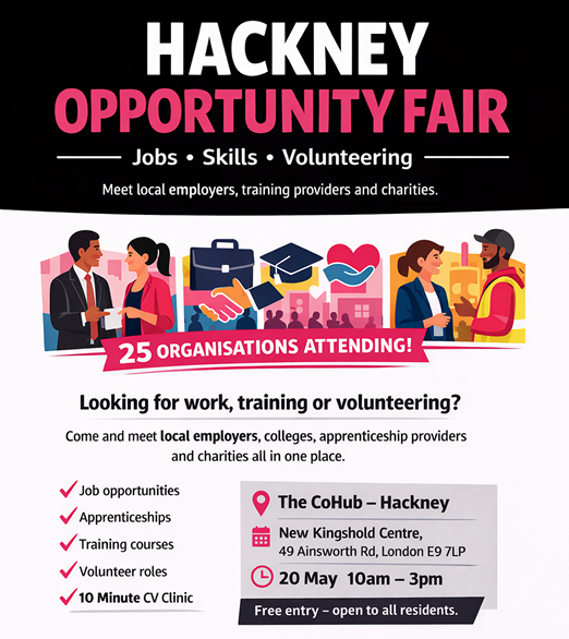 LETTA_Training's tweet photo. ✨ LETTA Trust is excited to be part of the Hackney Opportunity Fair!💼🌟

Looking for jobs, training, volunteering or career support? Come connect with local organisations and explore new opportunities!🚀

📍 The CoHub – Hackney
📅 20 May
⏰10am–3pm https://t.co/rO9ZKEz6GQ