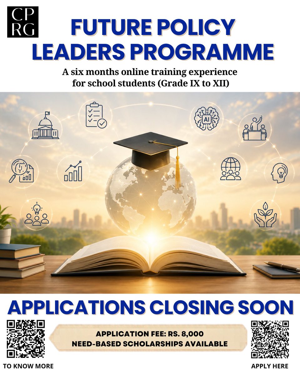 CPRGIndia's tweet photo. 🚨 Applications Now Open | Future Policy Leaders Programme 2026 
Are you a school student passionate about leadership, public policy, AI, and creating real-world impact?

The second cohort of the Future Policy Leaders Programme by CPRG Academy is now accepting applications!

This six-month immersive learning experience for students of Grades IX–XII is designed to equip young minds with the knowledge, skills, and confidence to become tomorrow’s changemakers.

What will you explore?

🔹 Public Policy
🔹 Research & Critical Thinking
🔹 Artificial Intelligence
🔹 Leadership & Communication Skills
🔹 Digital Well-Being
🔹 Interactive Sessions, Mentorship & Much More!

Apply here: https://t.co/g6E2zLzs7b
To know more: https://t.co/Cp0wPr4bJM

Join a growing community of young leaders ready to shape the future with ideas, innovation, and impact.

@RamanandDelhi  

#FutureLeaders #PublicPolicy #ArtificialIntelligence #YouthLeadership #StudentOpportunities #ApplyNow