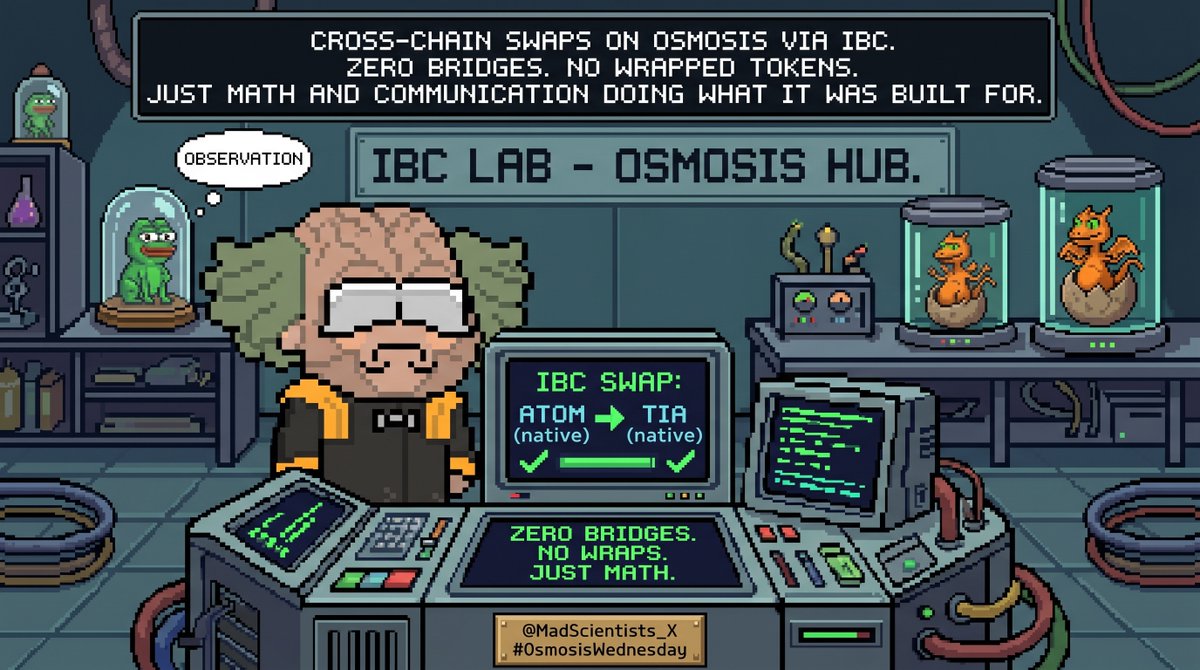 shopenbatist's tweet photo. Cross-chain swaps on @osmosis 
via IBC with zero bridges.

No wrapped tokens.
No custodian.
No "trust us."

Just math and
inter-blockchain communication
doing what it was built for.

@madscientists_x #Osmosis #aiart #cosmos https://t.co/utLv47BQG8