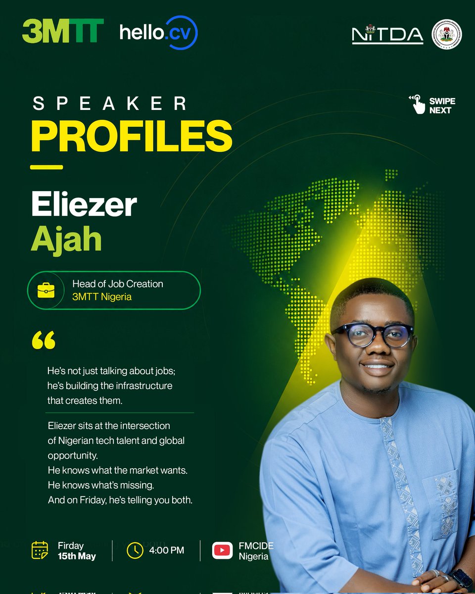 3MTTNigeria's tweet photo. You have the talent. Now, get the job.
Learn exactly what recruiters are looking for and how to build a world-class profile with the experts from @3MTTNigeria and @hello_cv.
Watch Live: FMCIDE Nigeria YouTube
Friday | May 15 | 4 PM
#3MTT #HelloCV #TechJobs https://t.co/FT3R5gPClv