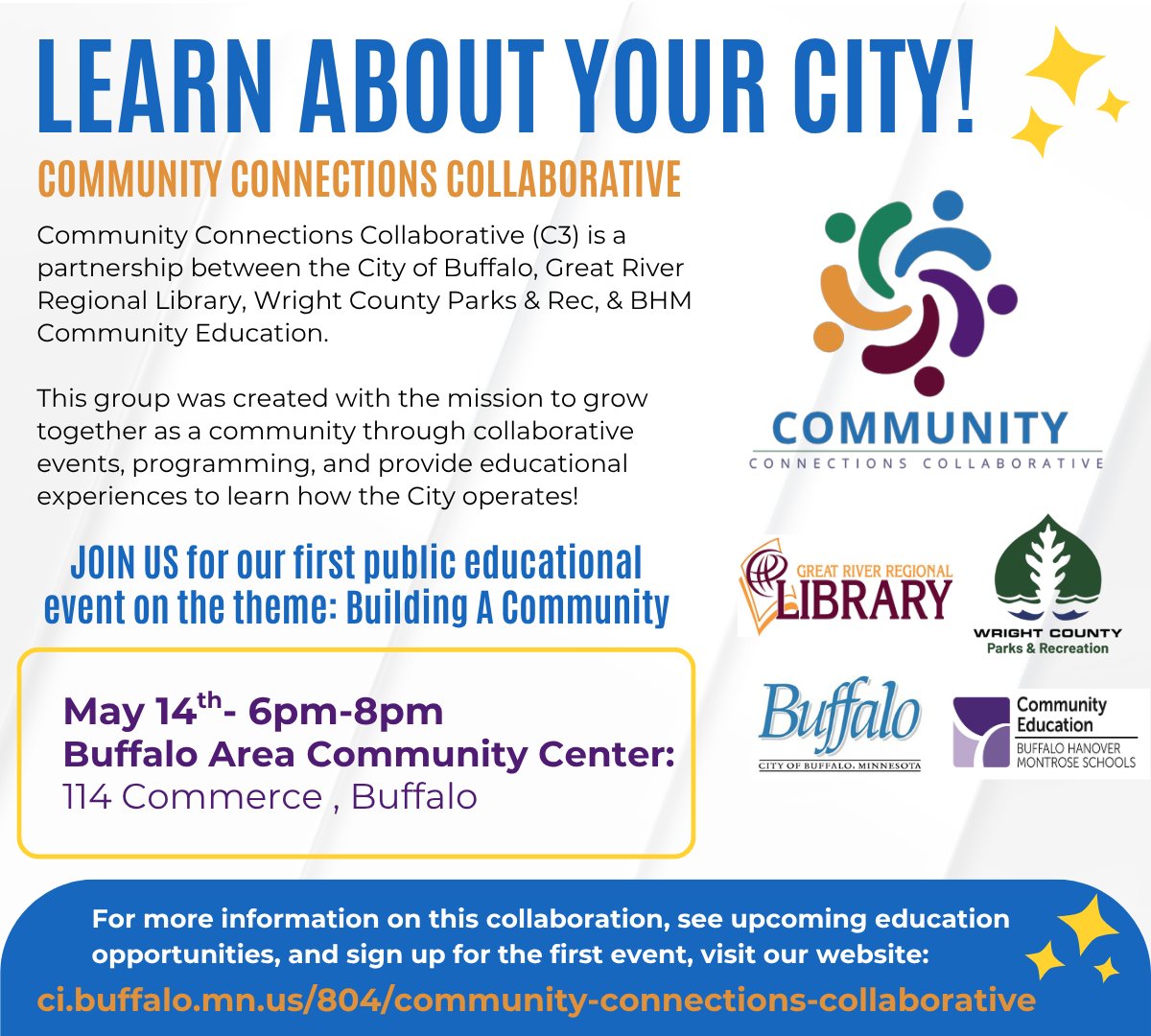 BuffaloMN's tweet photo. Don't forget that this event is tomorrow.

The mission of this group is simple, we want to grow together as a community through collaborative events, programming, and provide educational opportunities for the residents, businesses, and City partners to learn more about their city https://t.co/z0vpdRTEc7