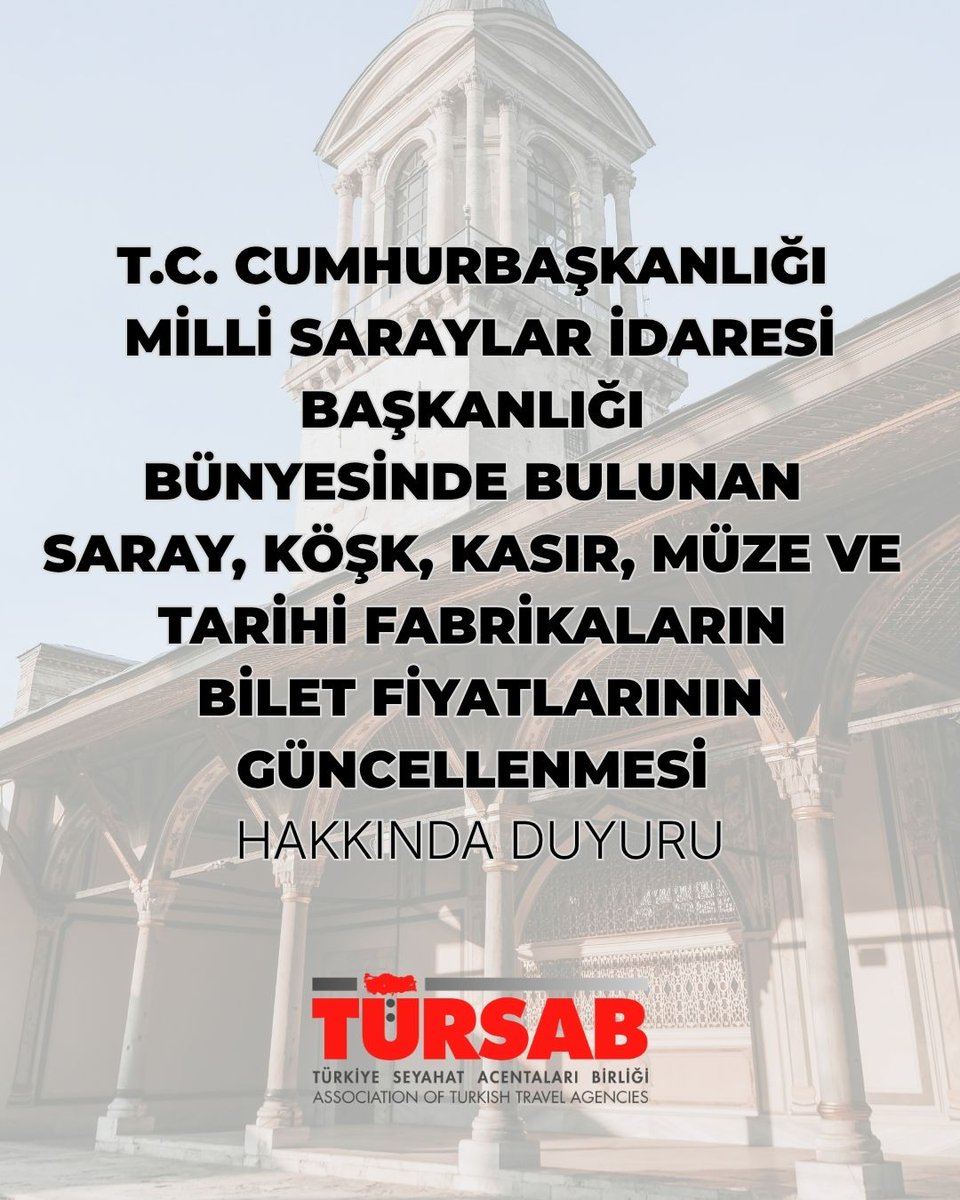 tursaborgtr's tweet photo. Değerli Üyelerimiz,

T.C. Cumhurbaşkanlığı Milli Saraylar İdaresi Başkanlığı Müzecilik ve Tanıtım Daire Başkanlığı tarafından Birliğimize iletilen yazıda;

Milli Saraylar İdaresi Başkanlığı bünyesinde bulunan saray, köşk, kasır, müze ve tarihi fabrikalarda uygulanmakta olan ziyaret, tahsis, arşiv, araştırma ve görüntü alma usul ve esasları ekinde yer alan Bilet Fiyatları Tablosu(Ek-2) güncellenerek 13 Mayıs 2026 tarihi itibariyle uygulamaya konulmuştur.

İlgili duyuruya aşağıdaki linkten ulaşabilirsiniz:

https://t.co/o6TP42kYqn

Saygılarımızla bilgilerinize sunarız.