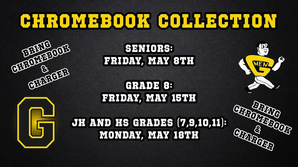 GEVSD's tweet photo. Parents &amp; students—please make sure Chromebooks are ready to be turned in for the summer! All devices must be returned with chargers on the following dates:

🎓 Seniors: Friday, May 8
📚 Grade 8: Friday, May 15
🏫 Grades 7, 9, 10, 11: Monday, May 18 https://t.co/BqRHu5wf1G