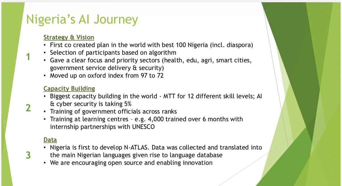 RukkyBE's tweet photo. I presented Nigeria’s AI journey and @bosuntijani has done so well across the Strategy, Data, Digital Infrastructure, Capacity Building, Policy &amp; Regulation &amp; Innovation and Ecosystems https://t.co/axpyMS10Xy
