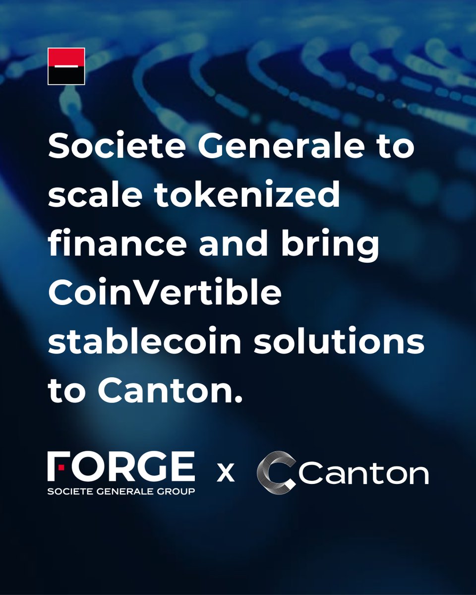SG_Forge's tweet photo. Societe Generale today announced it is accelerating the development of institutional blockchain-based financial infrastructure on the @CantonNetwork, with a focus on tokenized collateral, on-chain financing and institutional-grade digital settlement solutions, powered by its digital-assets subsidiary Societe Generale-FORGE.

This initiative builds on Societe Generale’s pioneering work on @CantonNetwork, including its first U.S. tokenized bond issuance completed in November 2025, and reflects the bank’s continued commitment to scaling regulated on-chain capital markets.

Societe Generale joins the @CantonNetwork as an Ecosystem Super Validator, underscoring its strong commitment to contributing to the development of institutional-grade use cases across collateral mobility, margin management, repo financing and tokenized settlement.

Read the PR here: https://t.co/tOrB2fVXhA