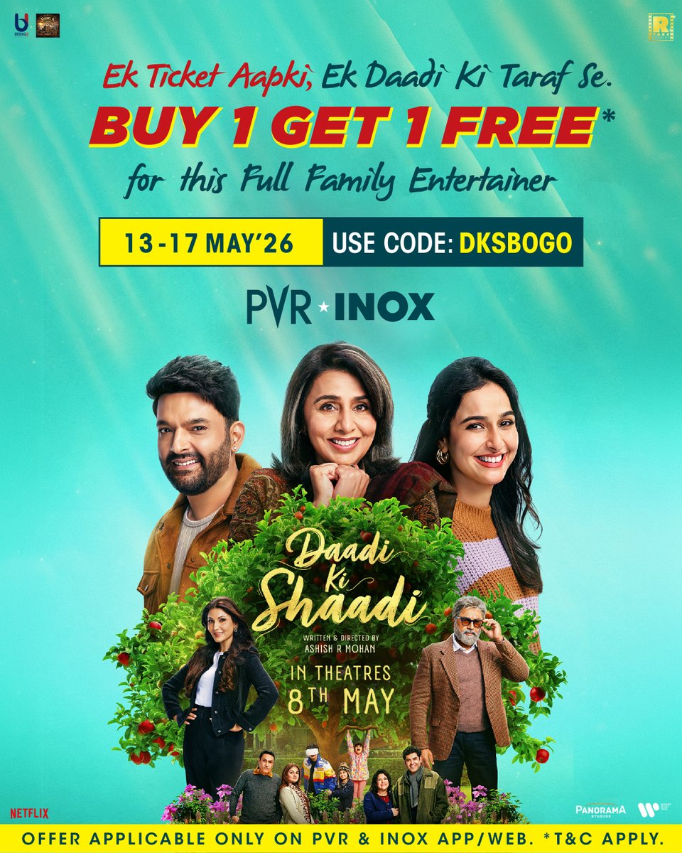 _PVRCinemas's tweet photo. The perfect family movie plan has arrived! 💛
Book 1 ticket and get 1 FREE for Daadi Ki Shaadi from May 13-17 using code: DKSBOGO.
#DaadiKiShaadi now screening at PVR INOX!
Book now: https://t.co/aktyEjTQ8O
.
.
.
#NeetuSingh #KapilSharma #RSarathkumar #SadiaKhateeb #RiddhimaKapoor
Credits: RTake Studios, BeingU Studios & Shimla Talkies Production.